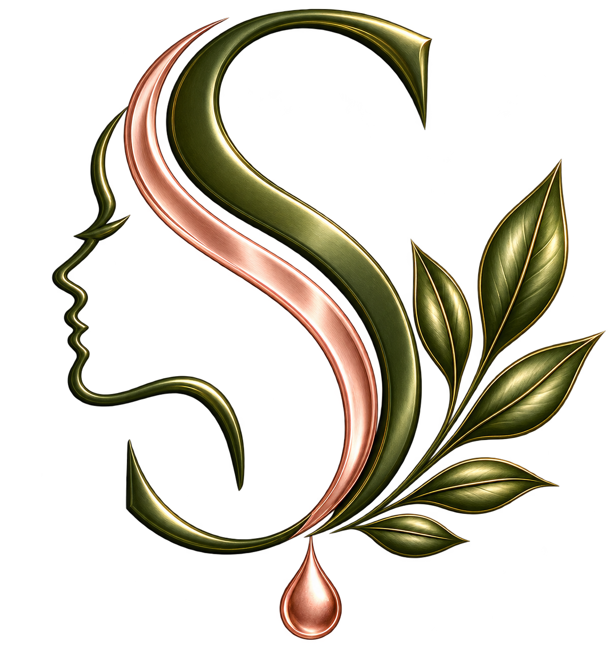 Design of a human profile outline with a large letter 'S' integrated into the profile, adorned with green leaves and a teardrop-shaped element at the bottom.