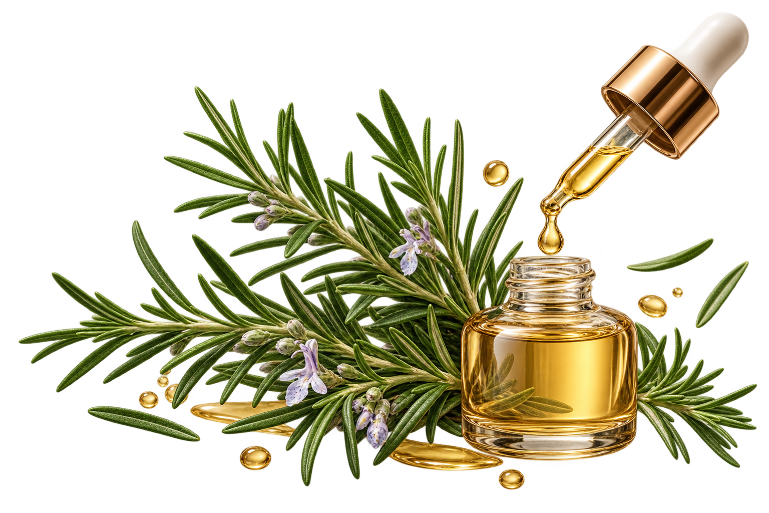 A glass bottle of essential oil with a dropper, surrounded by fresh rosemary and small purple flowers.