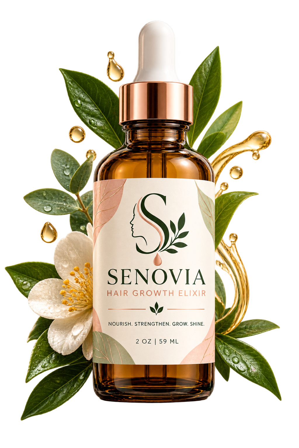 A bottle of Senovia Hair Growth Elixir with a white dropper cap, surrounded by green leaves, a white flower, and golden liquid droplets.