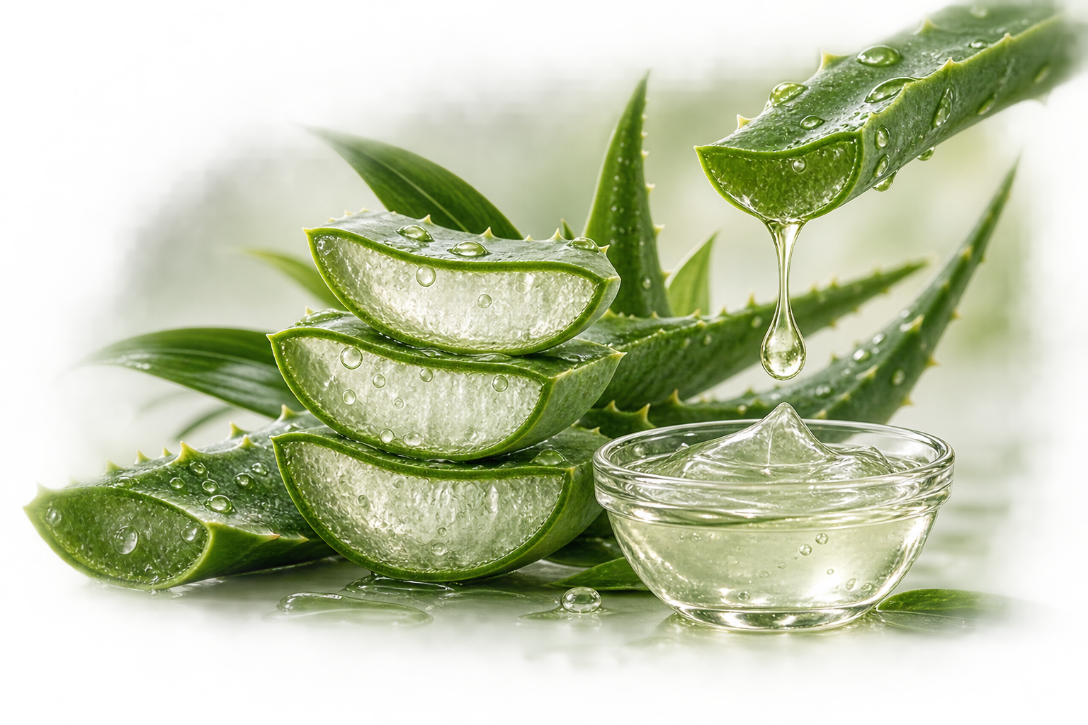 Close-up of fresh aloe vera leaves and sliced aloe vera gel with water droplets, with a small bowl of aloe vera gel.