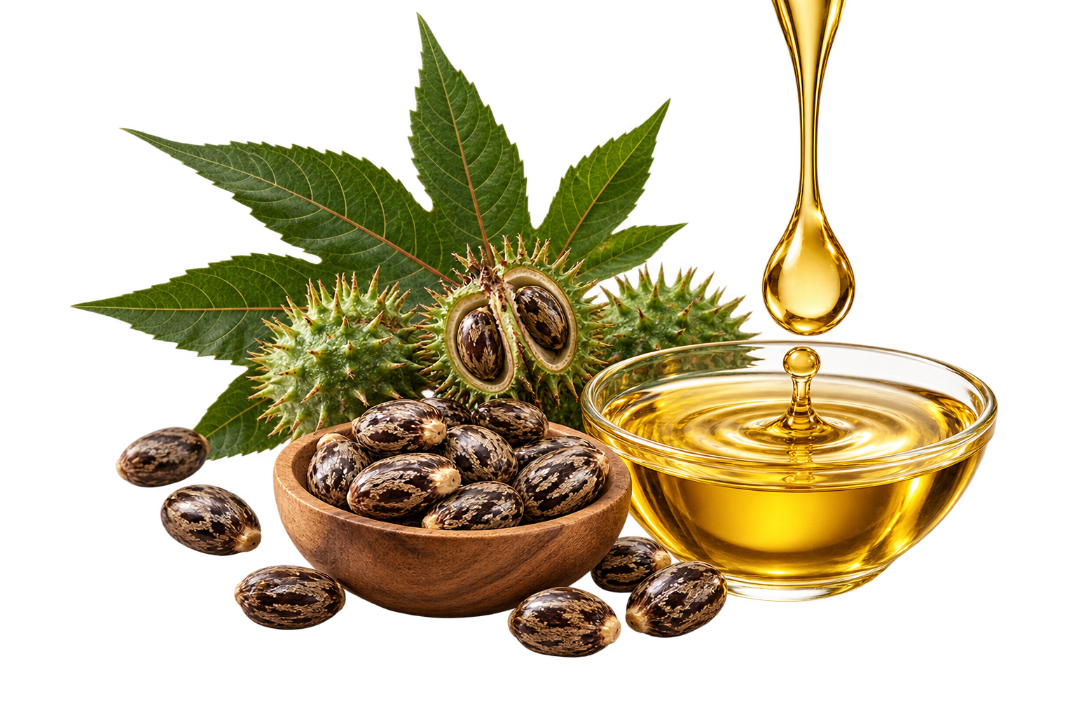 Pumpkin seeds in a wooden bowl, green pumpkin leaves, and a bowl of golden oil with a dropper above it, on a blurred background.