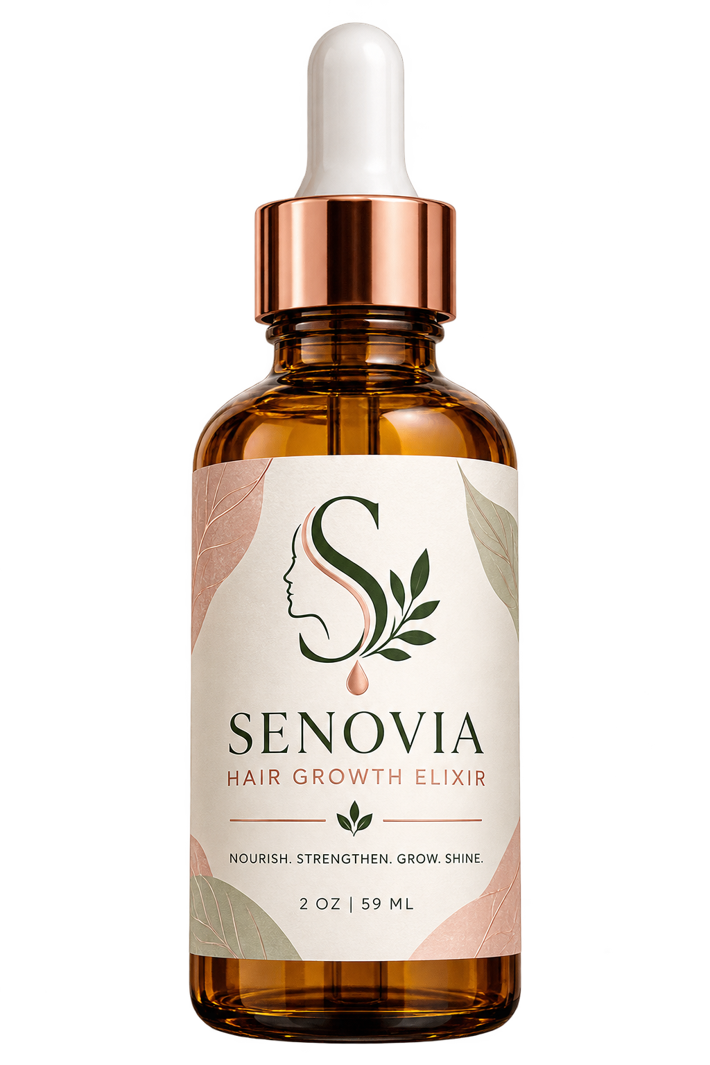 A bottle of Senovia Hair Growth Elixir with a dropper cap, amber glass bottle, and a white label featuring a silhouette of a woman's face, green leaves, and the product details.