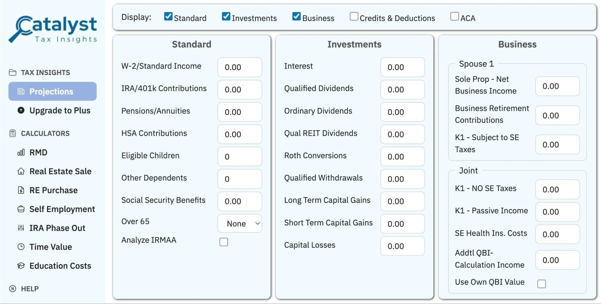 atalyst Tax Insights projection screen showing inputs for income, retirement contributions, Roth conversions, capital gains, business income, and tax planning calculators.