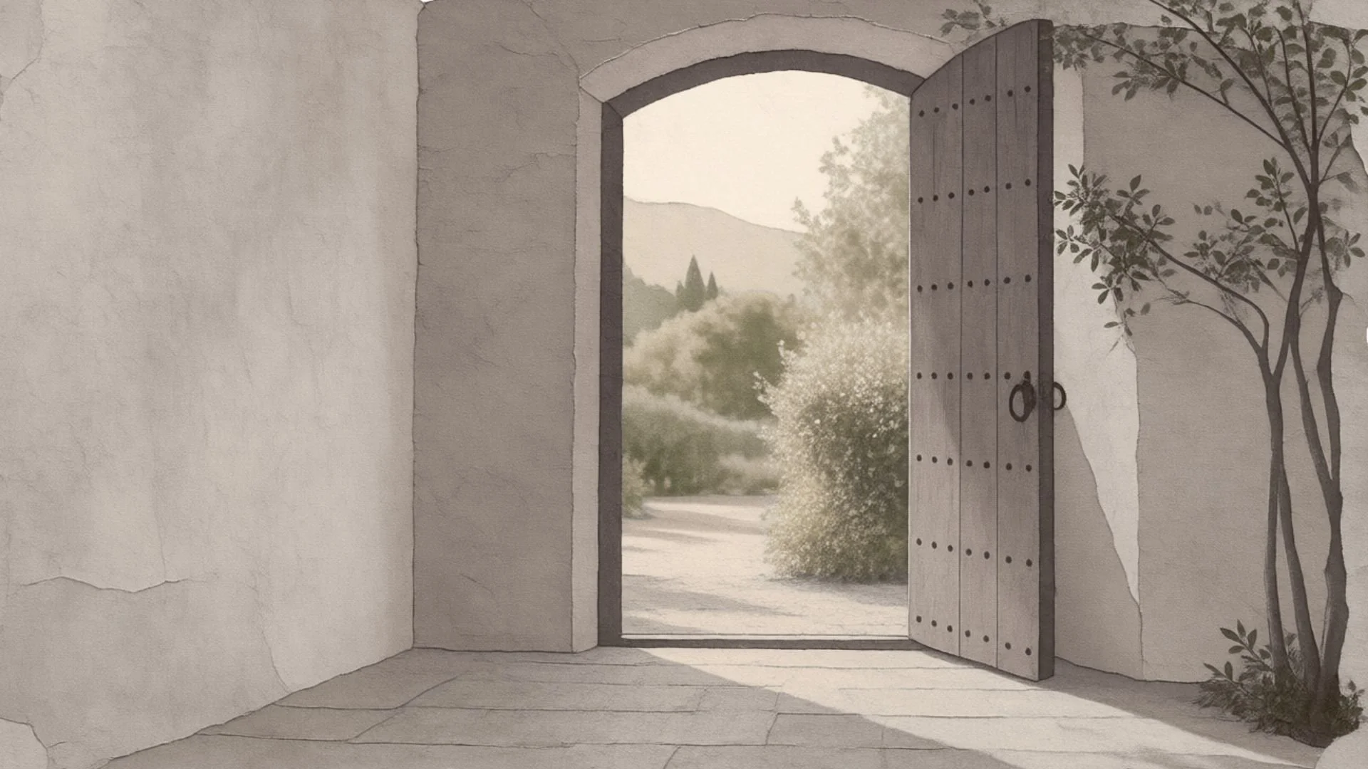 Open arched doorway with warm sunlight and a garden beyond, symbolizing financial options, possibility, and a clearer path forward.