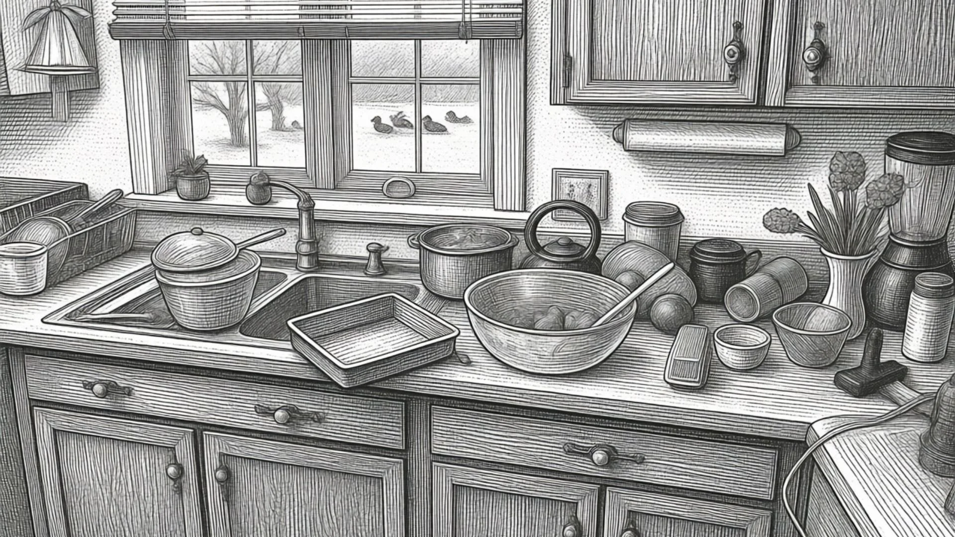 An etched illustration of a cluttered kitchen counter with dishes, bowls, and cooking items spread across the space, symbolizing financial stress caused by too many moving parts and not enough structure.