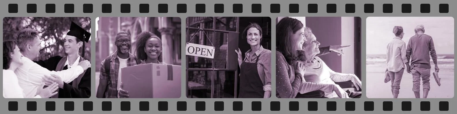 Filmstrip showing major life stages including graduation, moving, starting a business, caring for aging parents, and retirement, representing the financial seasons and transitions people experience throughout life.