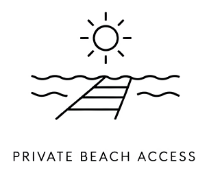 Simplified black and white icon of a sunny beach with a wooden dock extending into the water, labeled 'Private Beach Access'.