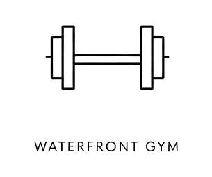 Line drawing of a dumbbell with the label 'Waterfront Gym' below it.