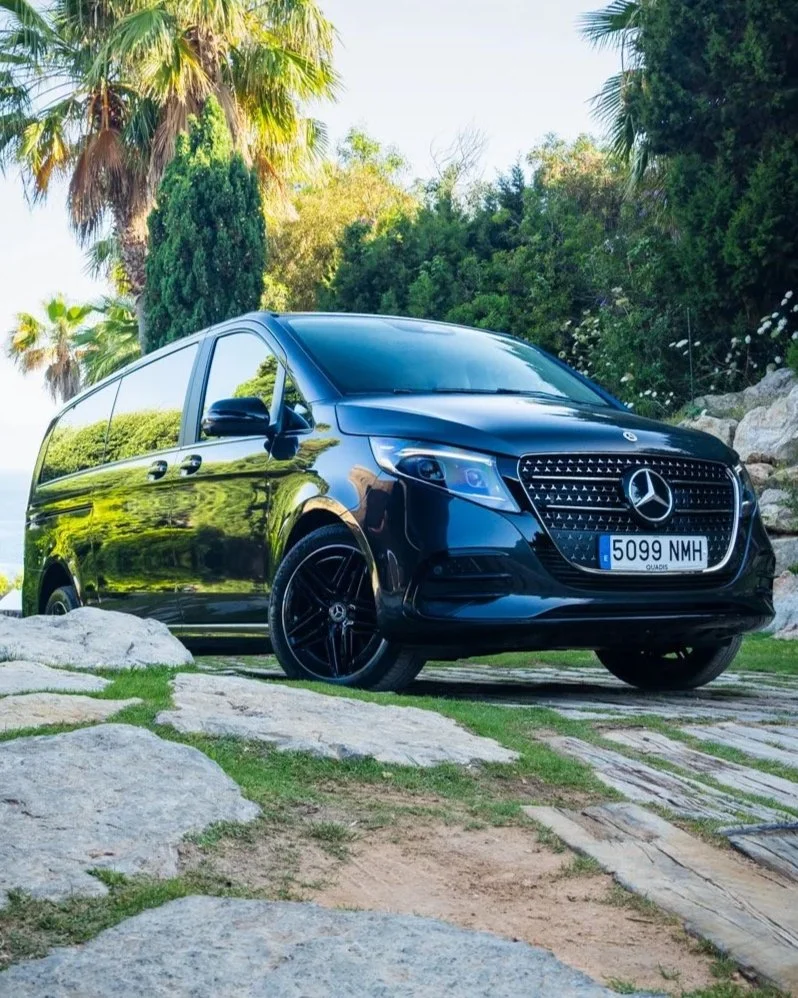 A black Mercedes-Benz van parked on a stone and dirt pathway in a lush, tropical garden with palm trees and green bushes.