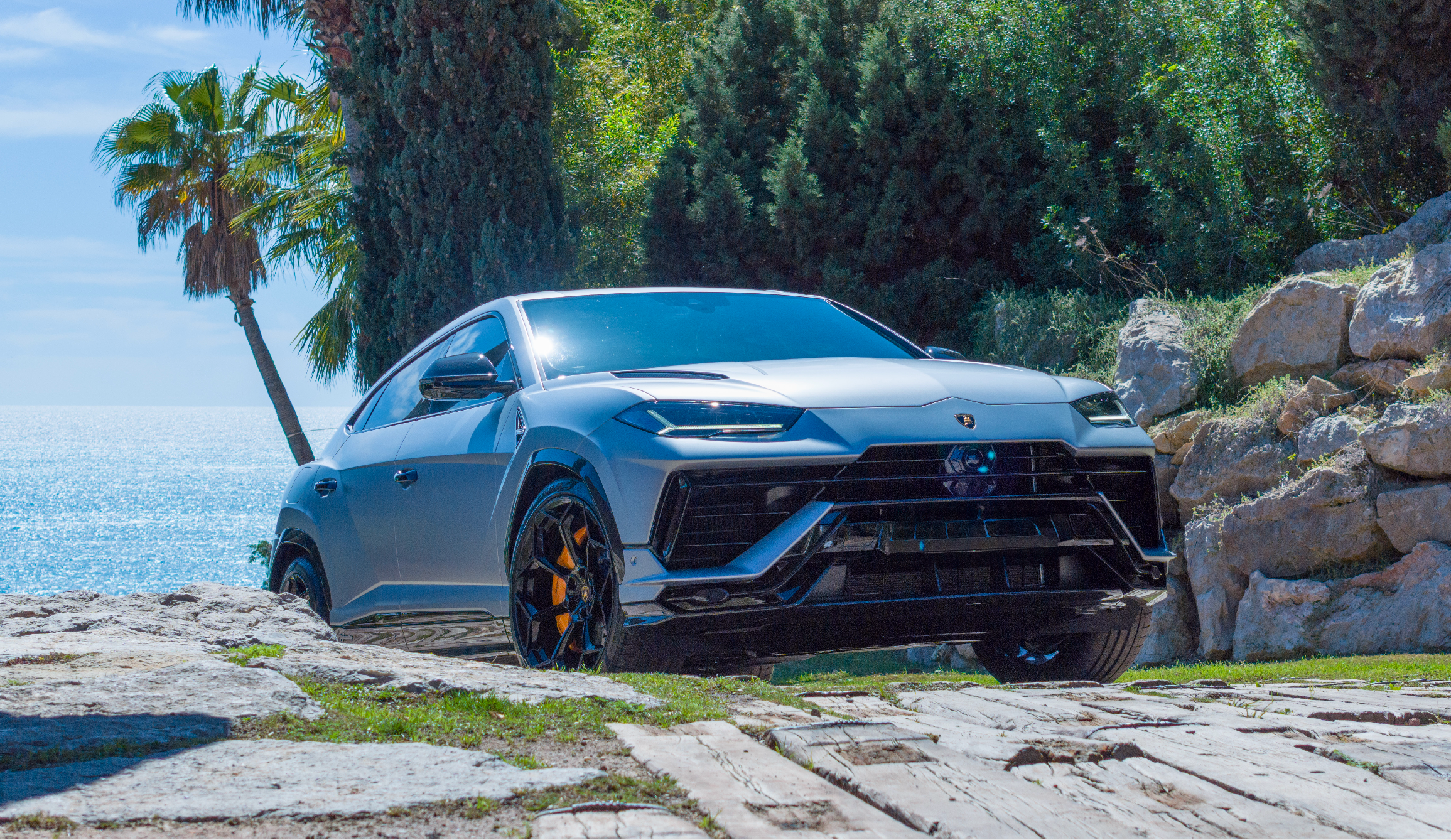 A silver Lamborghini sports car parked on a stone pathway near a rocky shoreline with trees and palm trees in the background.