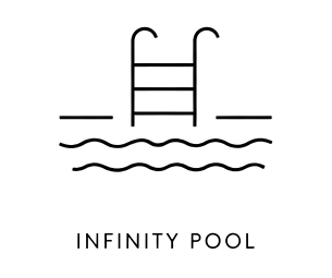A swimming pool with a ladder leading into it, with water at the bottom and the words 'INFINITY POOL' written below.