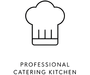 Line drawing of a chef's hat with the text 'Professional Catering Kitchen' below.