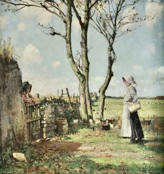 9. "Chatting at the Gate, 1907. This is the rear of Second Terrace, it is the side gate to number 18. In a private collection.