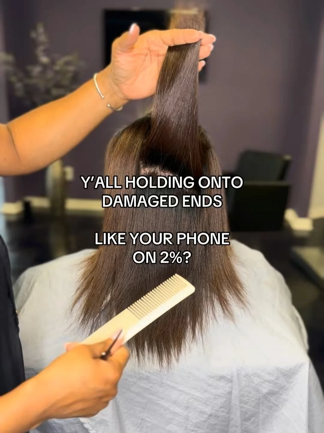 Y&rsquo;all will fight to keep every inch, even when those ends are hanging on like a phone at 2%. 

The goal of a haircut isn&rsquo;t to keep making your hair shorter. It&rsquo;s to remove what needs to go so we can get those ends to a place where w