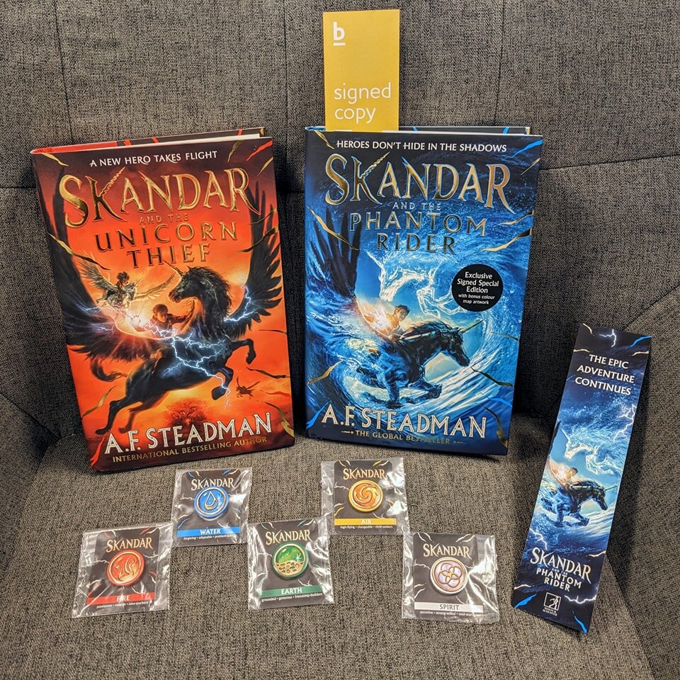 Skandar fans, today is the day! 

The hotly-anticipated sequel, Skandar and the Phantom Rider, is in-store now! 

We have just TWO exclusive signed special editions, and each one will come with a bookmark and a full set of elemental pins. Hurry down,