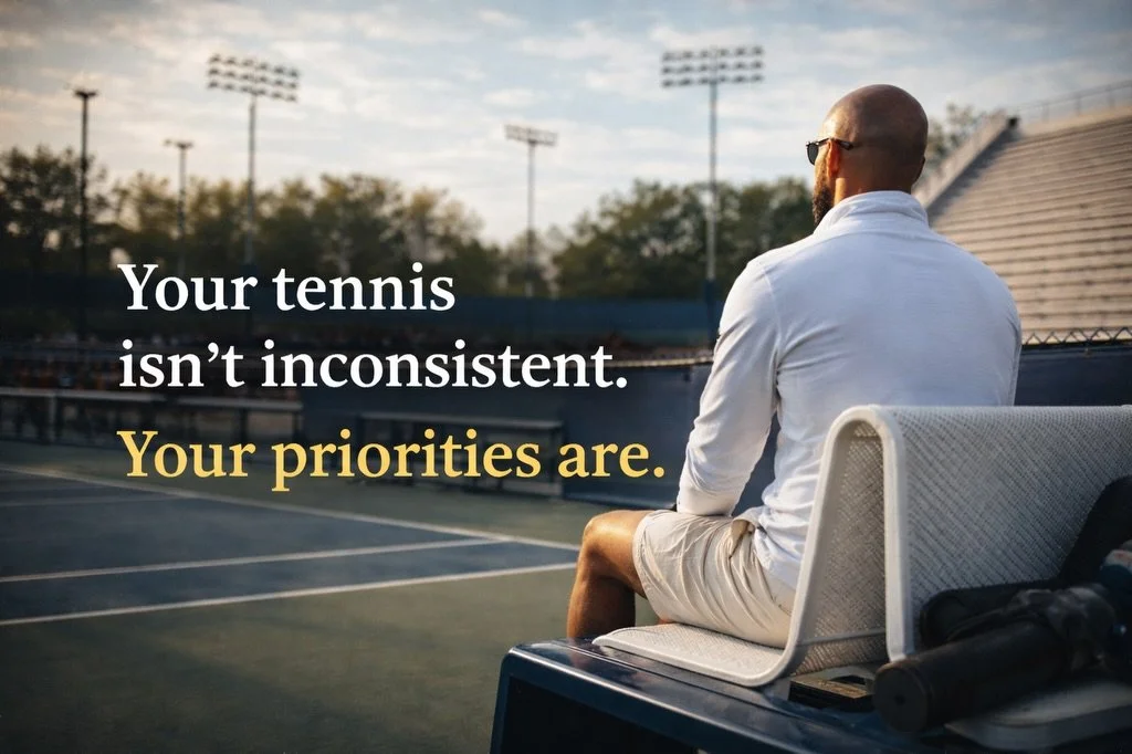 Your tennis isn&rsquo;t inconsistent.
Your priorities are.

You practice what feels productive.
Matches expose what actually matters.

Most players don&rsquo;t need more reps -
they need better focus, better decisions, and better intent.

Train what 