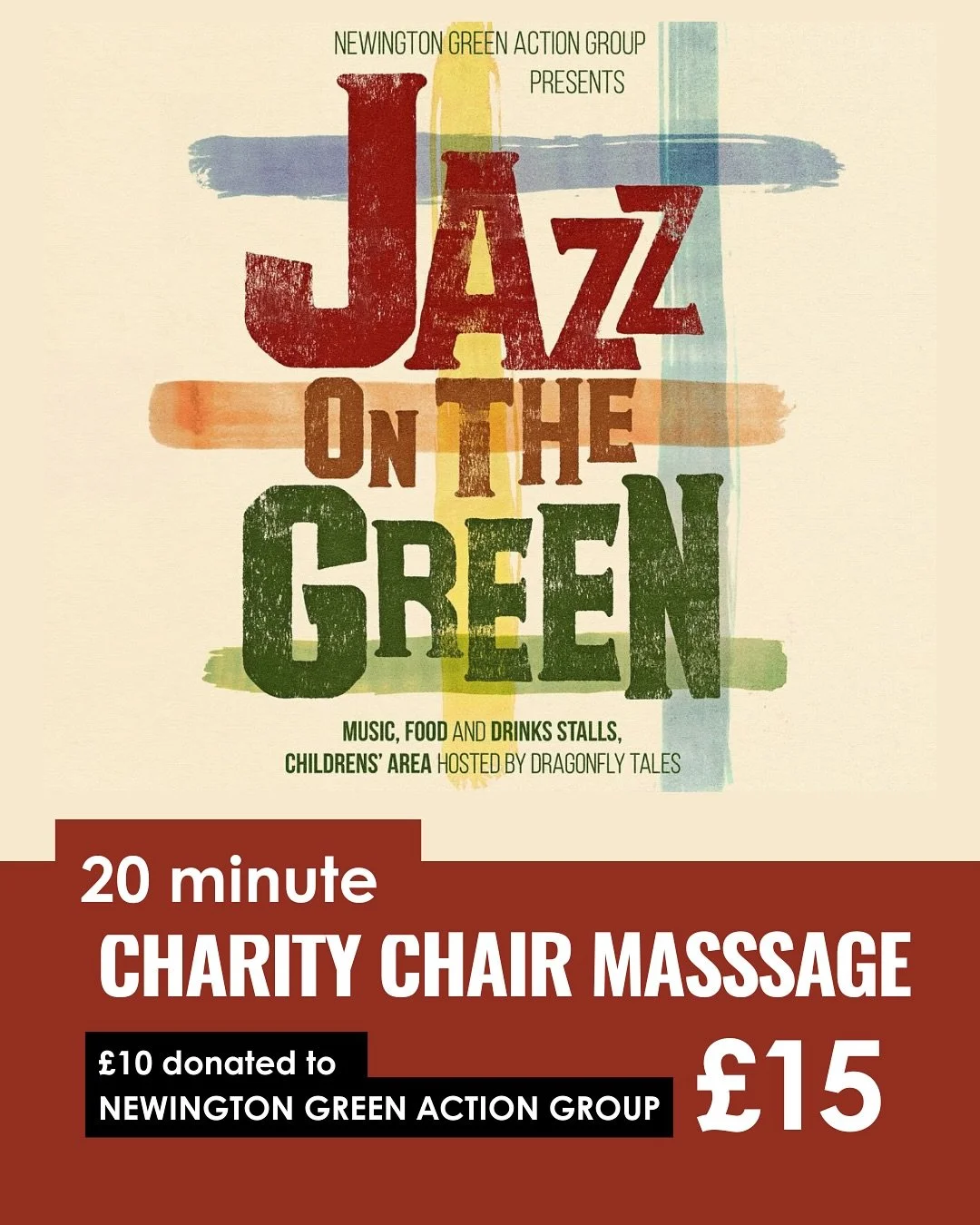 🎷 We&rsquo;re at the Newington Green Jazz Festival this Saturday! 🎷
Come find us on Saturday 12th July from 12&ndash;6PM for a deeply relaxing 20-minute chair massage for just &pound;15.

✨ &pound;10 goes to the Newington Green Action Group &mdash;