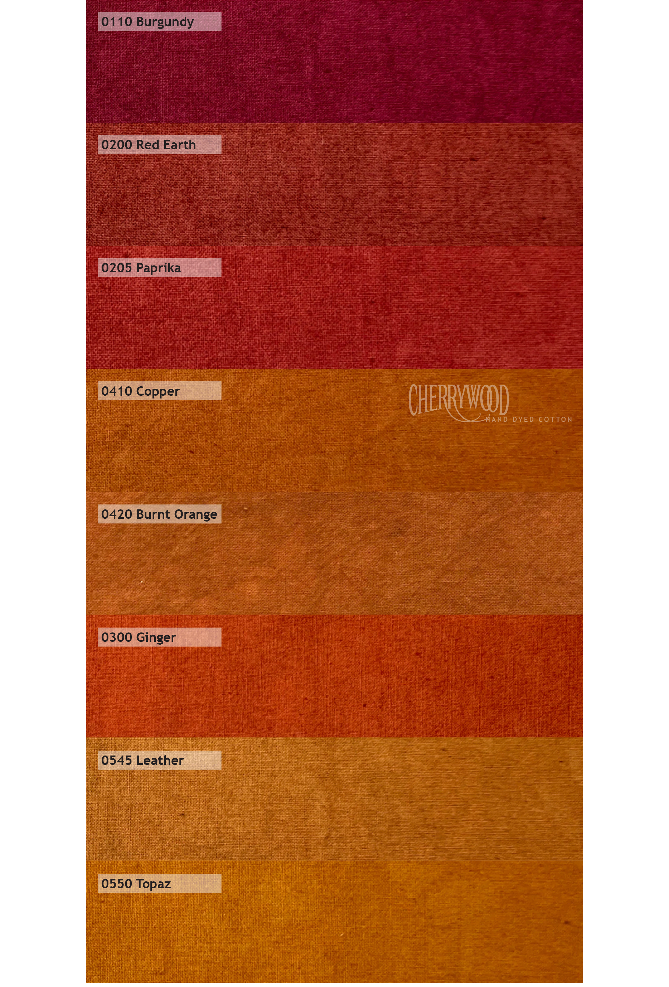 A vertical fabric color swatch chart showing eight textured shades ranging from deep red to orange, each labeled with a code and name: 0110 Burgundy, 0200 Red Earth, 0205 Paprika, 0410 Copper, 0420 Burnt Orange, 0300 Ginger, 0545 Leather, 0550 Topaz.