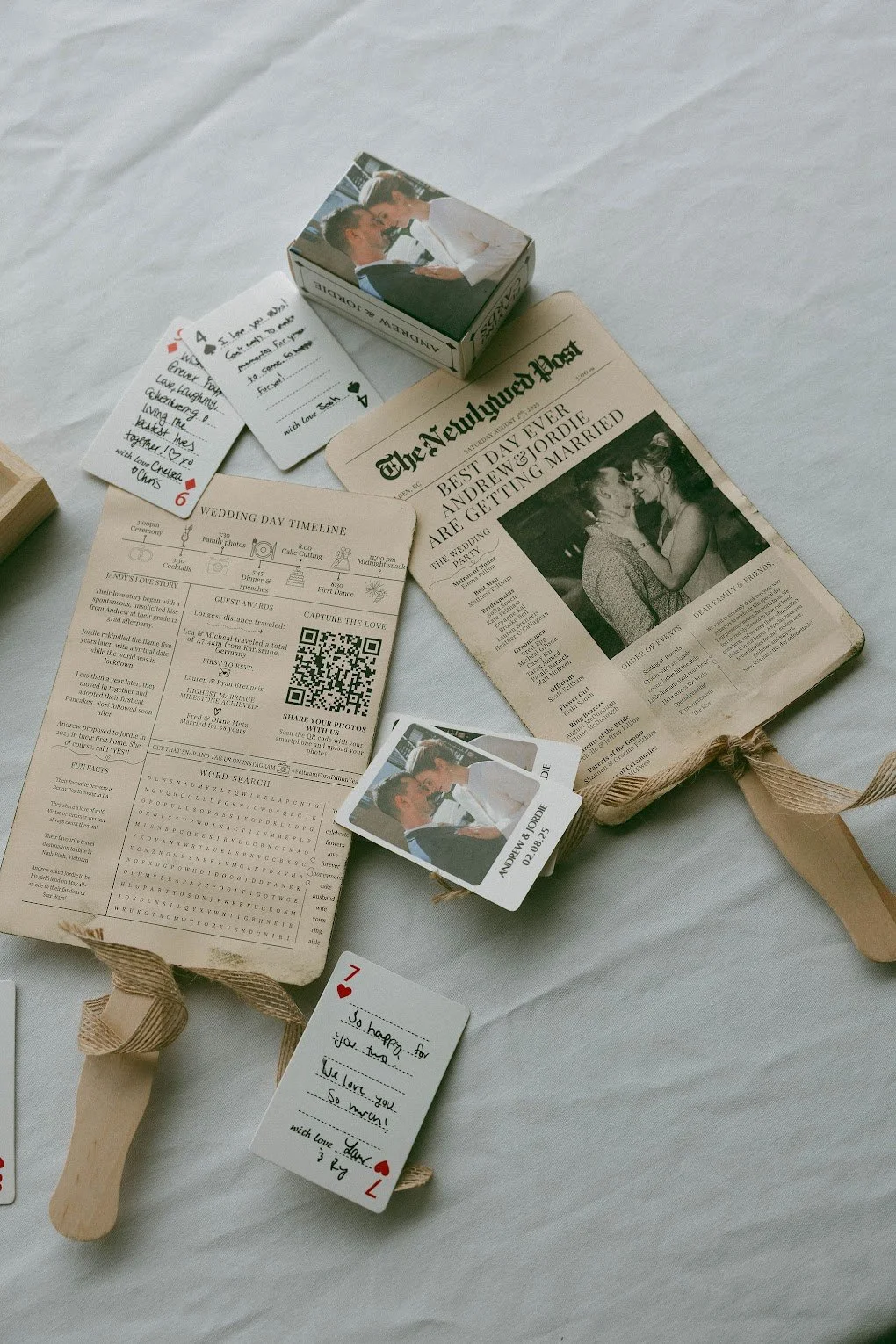 Vintage newspaper tented wedding program and custom cards