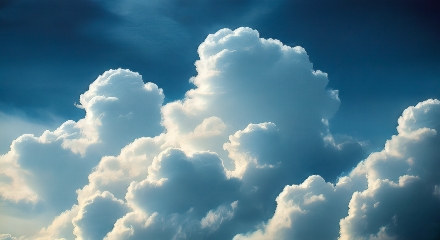 Clouds in a bright blue sky with sunlight illuminating the clouds.