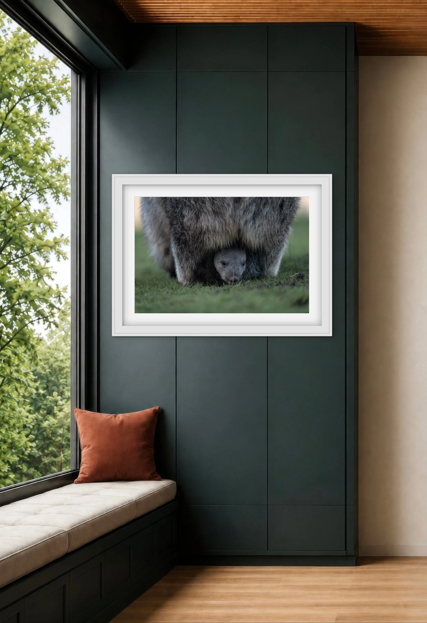 Room mock-up showing Wombat Joey as framed wall art.