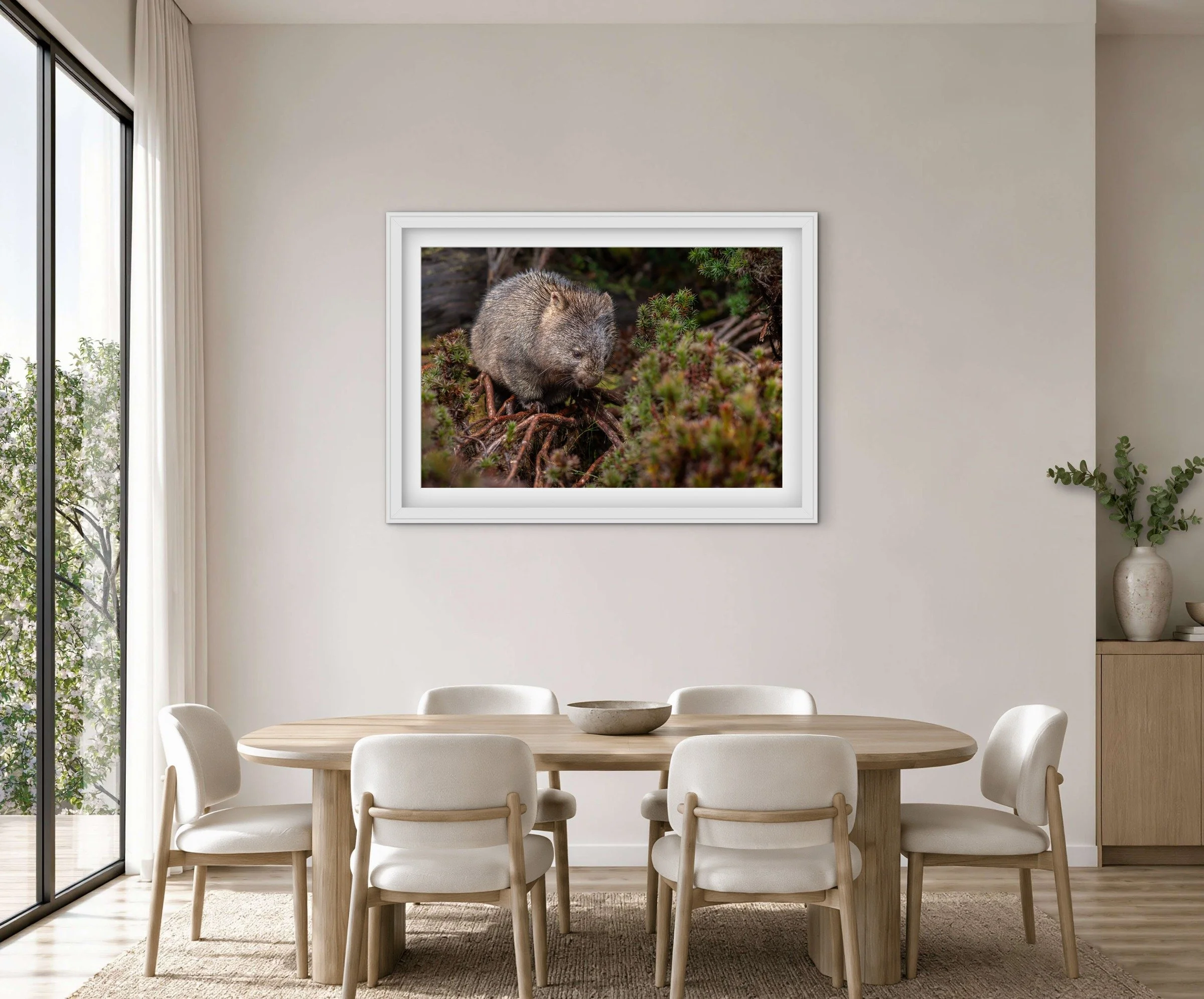 Room mock-up showing Forest Wombat as framed wall art.