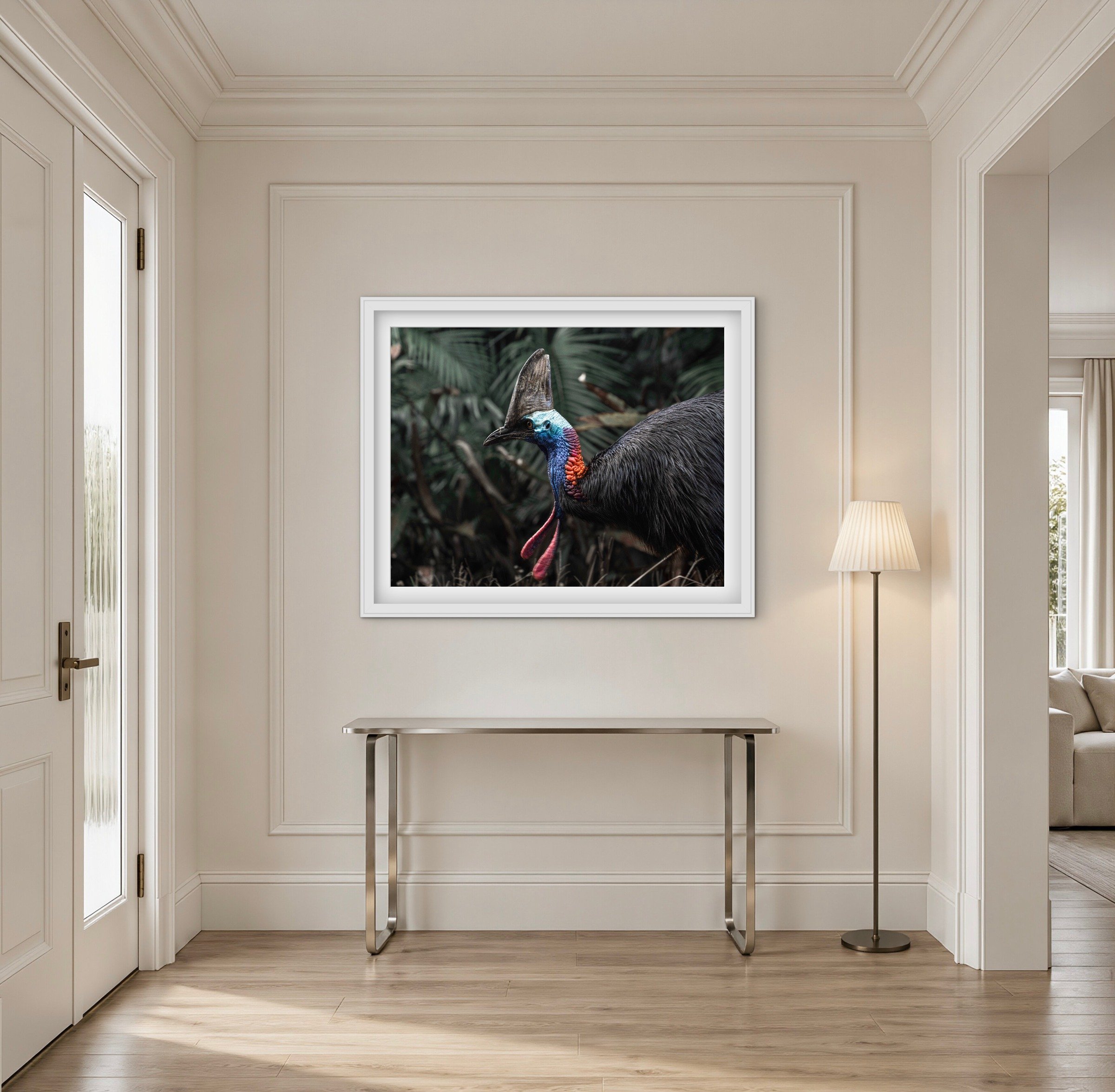 Room mock-up showing Rainforest Cassowary as framed wall art.