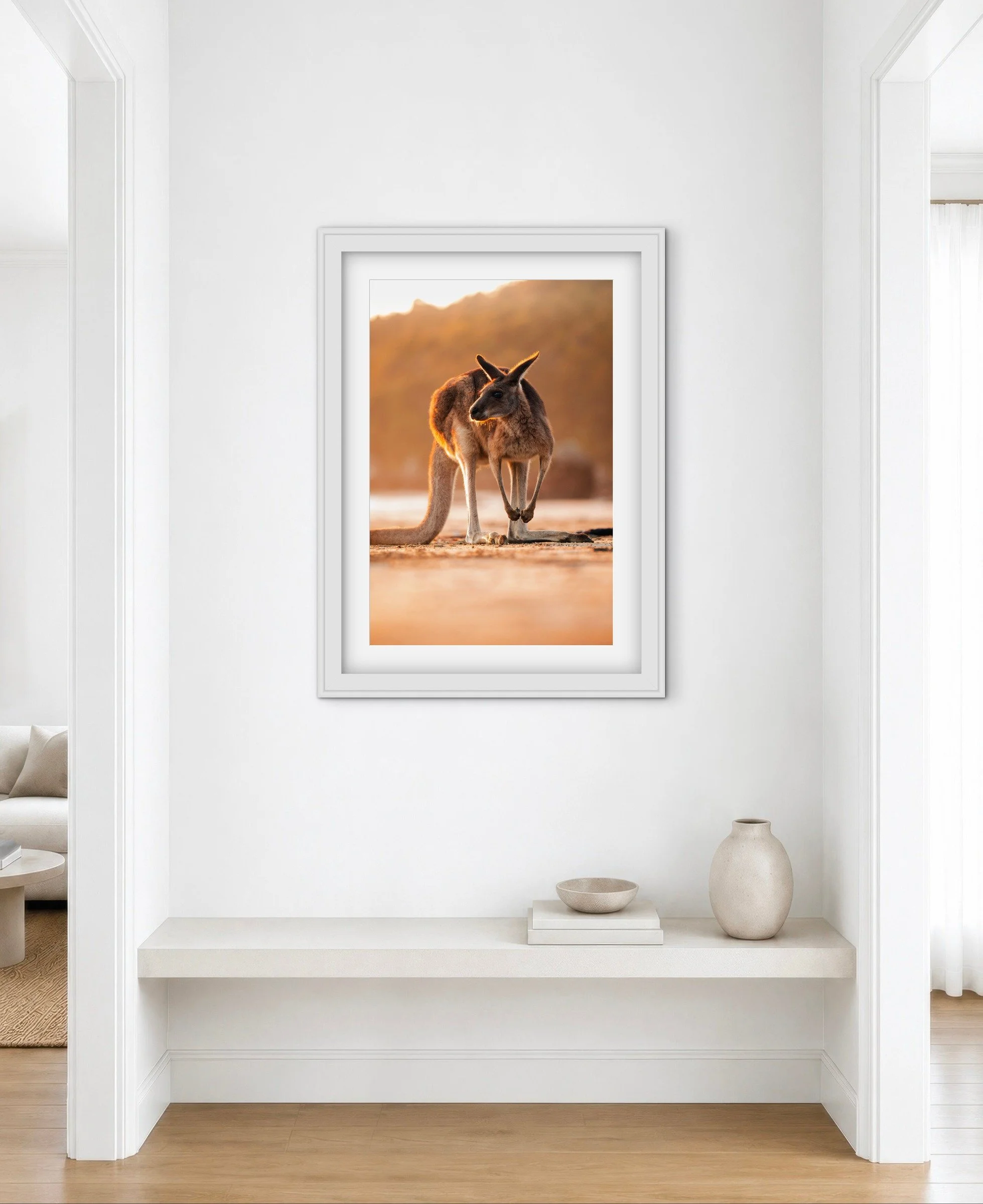 Room mock-up showing Cape Hillsborough Sunrise Kangaroo as framed wall art.