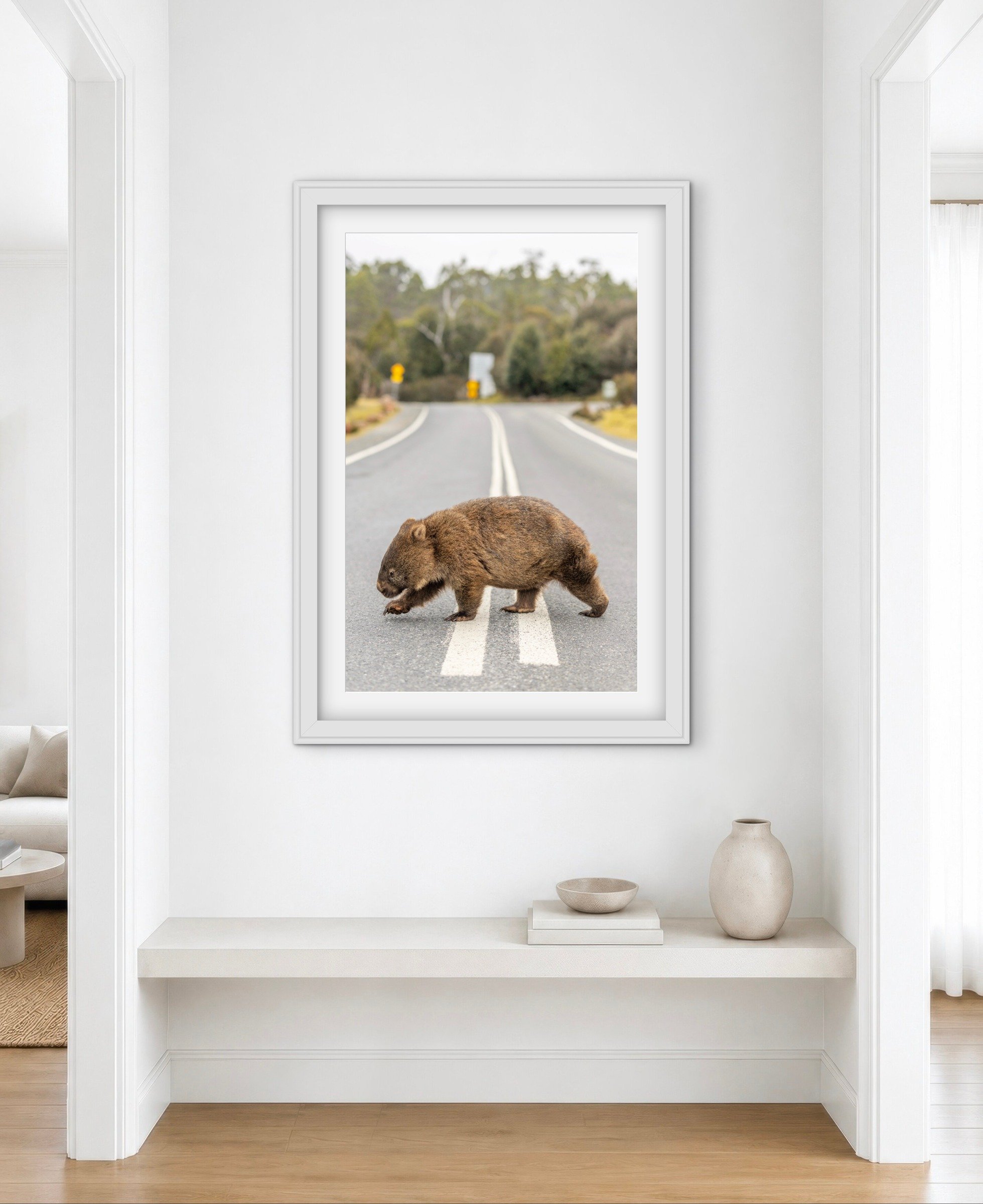 Room mock-up showing Wombat Crossing as framed wall art.