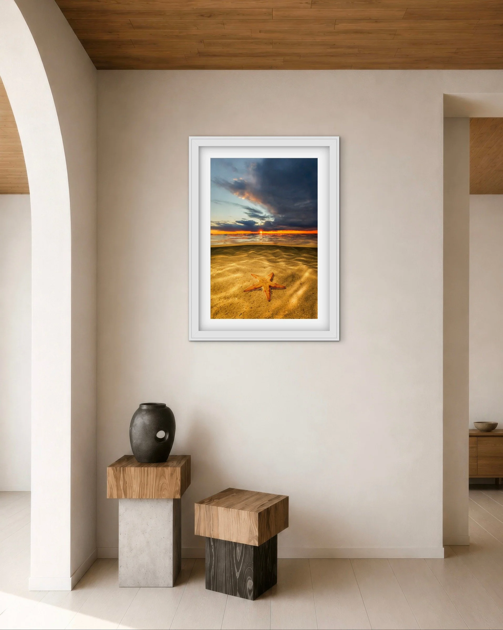 Room mock-up showing Hervey Bay Tide Walk as framed wall art.