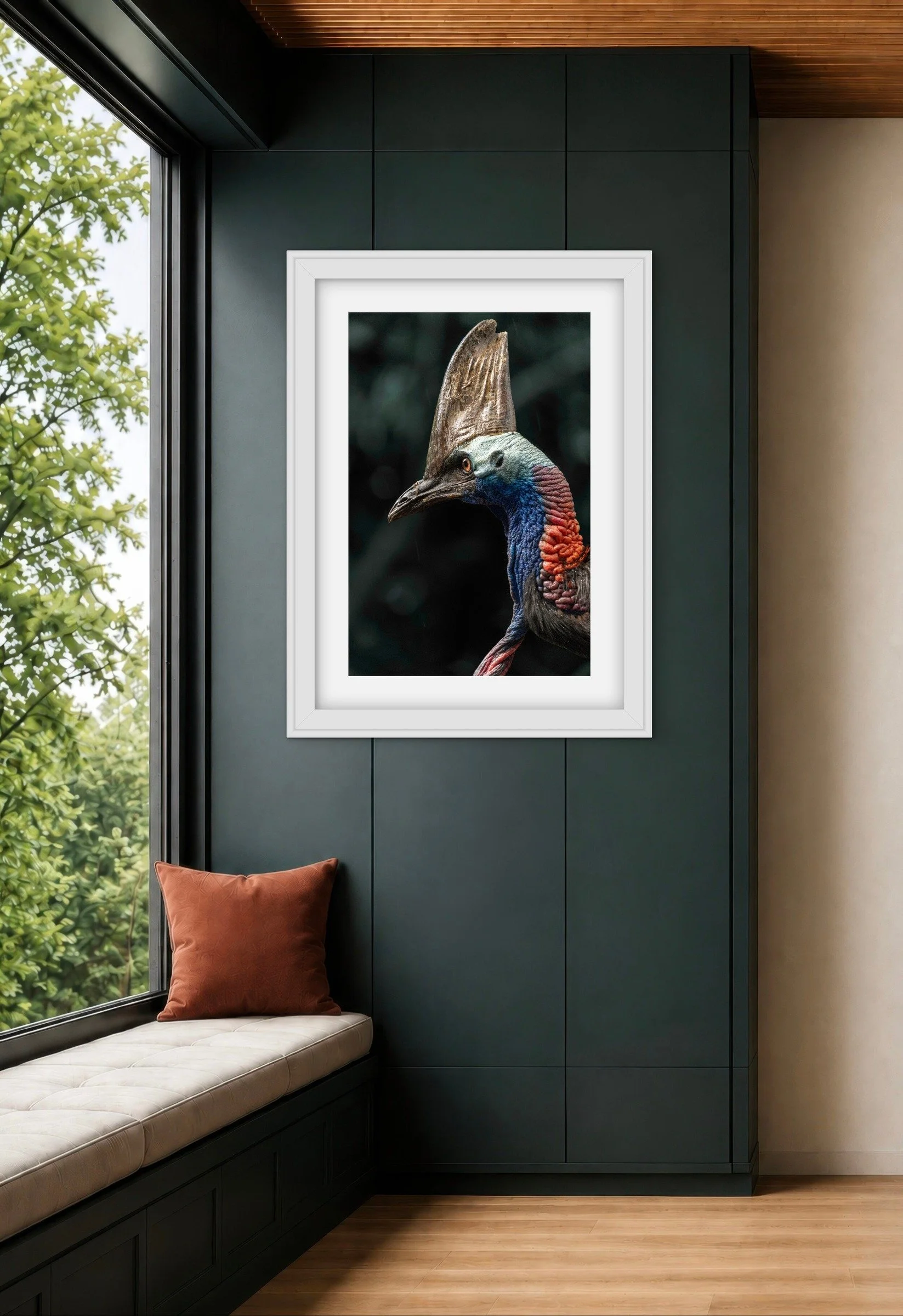 Room mock-up showing Cassowary — Portrait as framed wall art.
