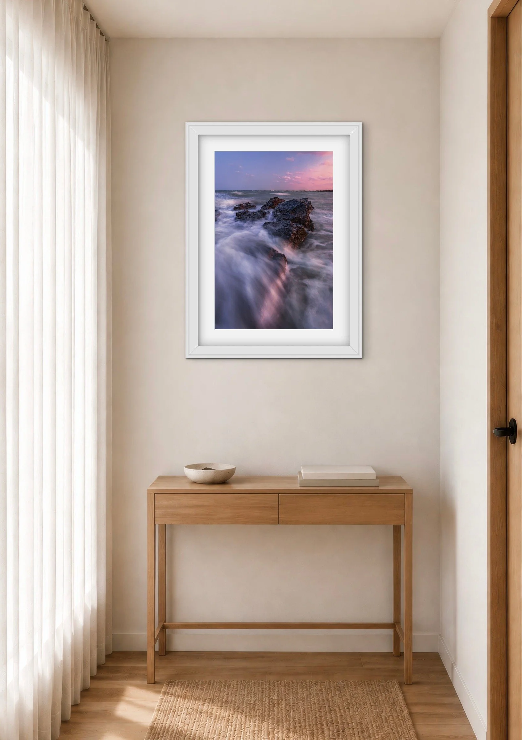 Room mock-up showing Point Vernon — Tidal Flow as framed wall art.