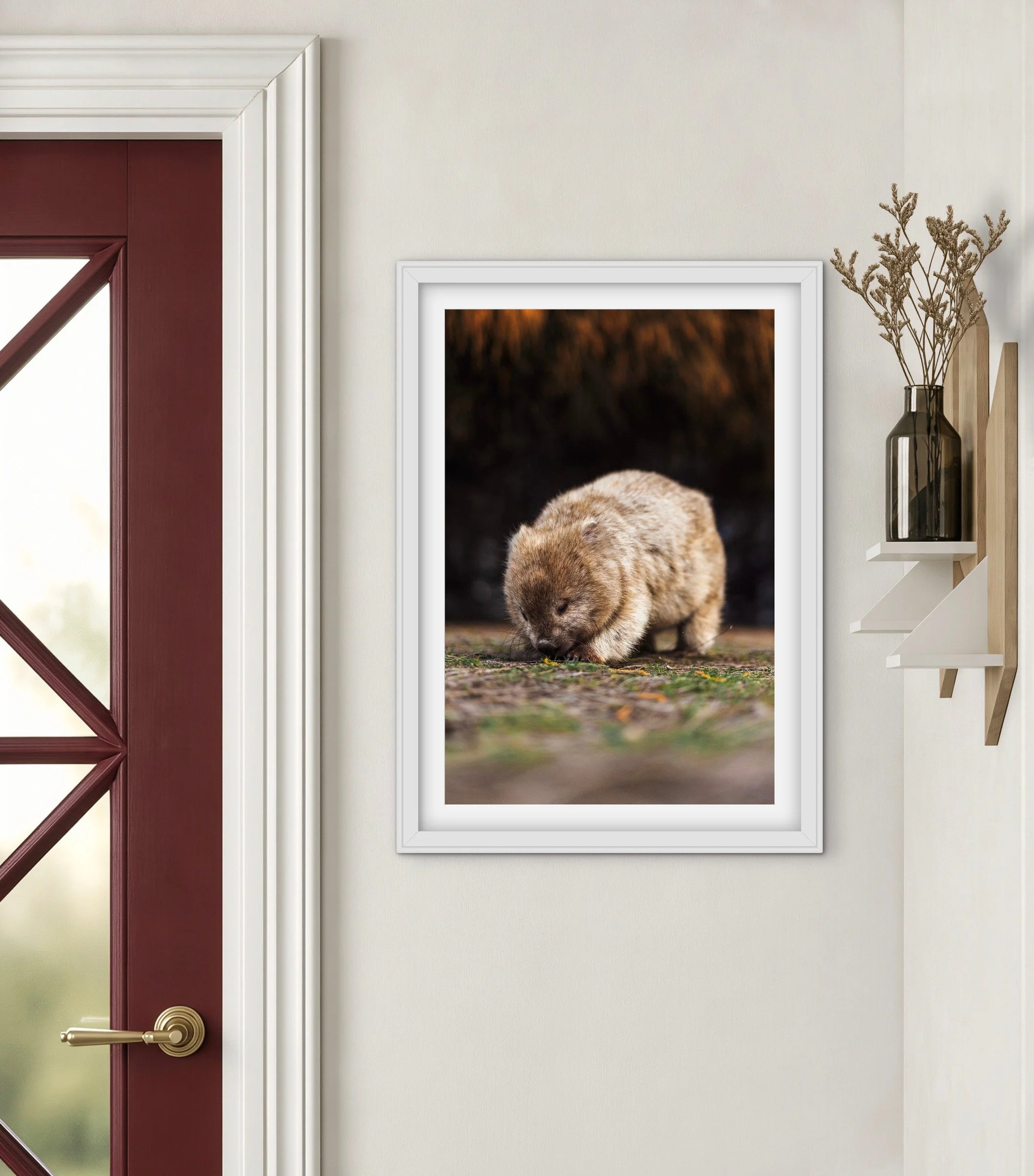 Room mock-up showing Golden Wombat as framed wall art.
