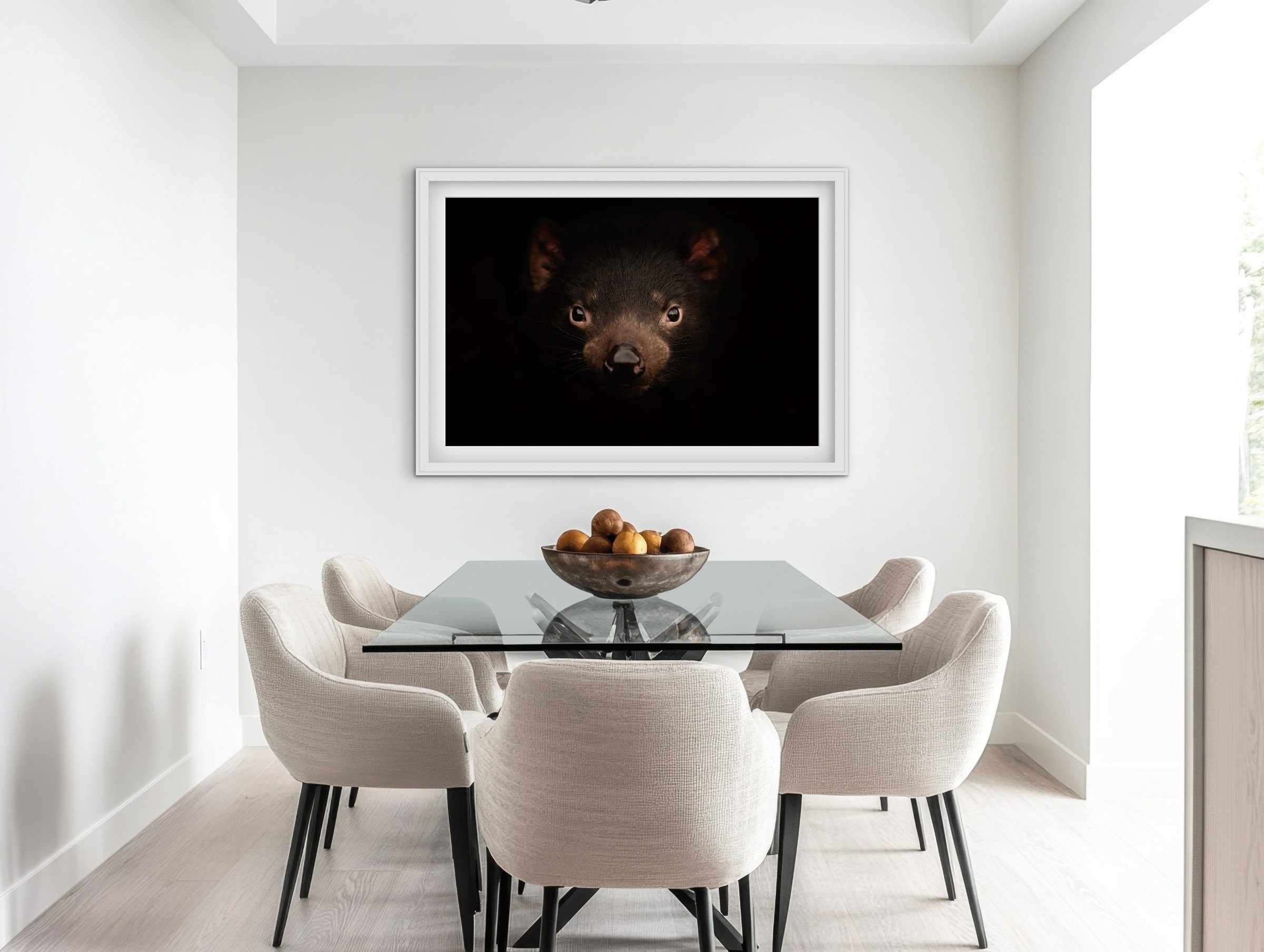 Room mock-up showing Tasmanian Devil — In the Shadows as framed wall art.
