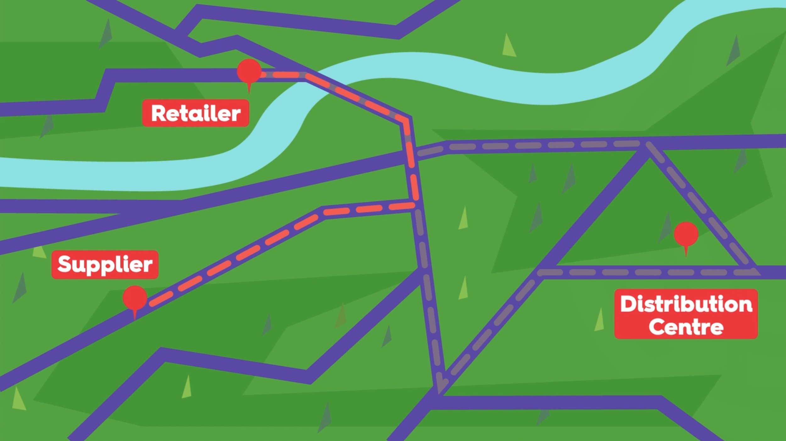 Ilustración de un mapa que muestra una ruta más rápida que pasa por el Centro de distribución.