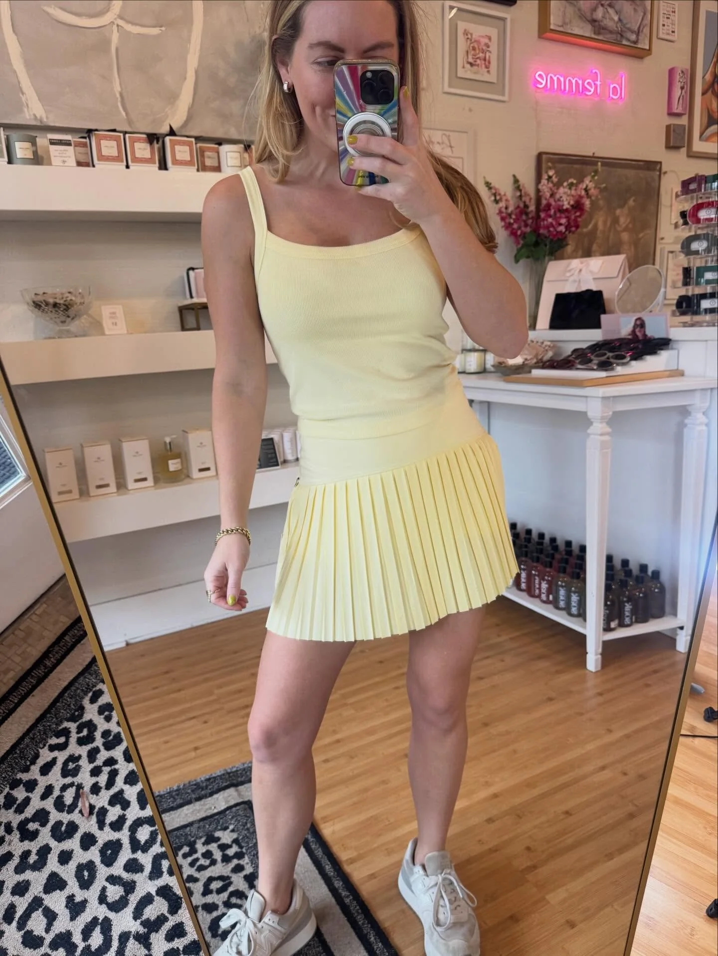 💛💙🎾 Are the courts playable yet? 💛💙🎾 New Z Supply tennis skirt with built-in shorts and ribbed tank with built-in bra!