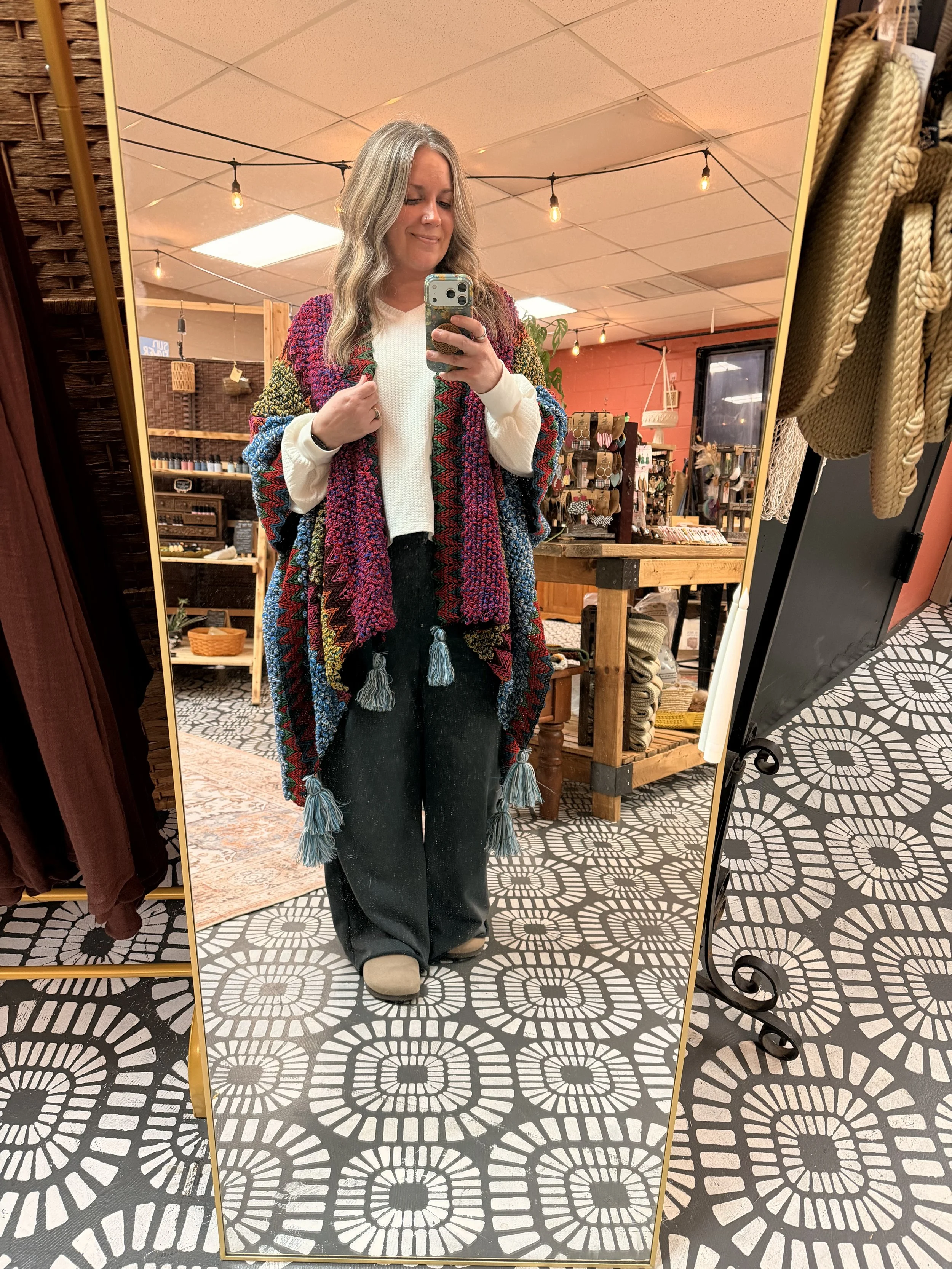 Western Colorful Crochet Patterned Ruana