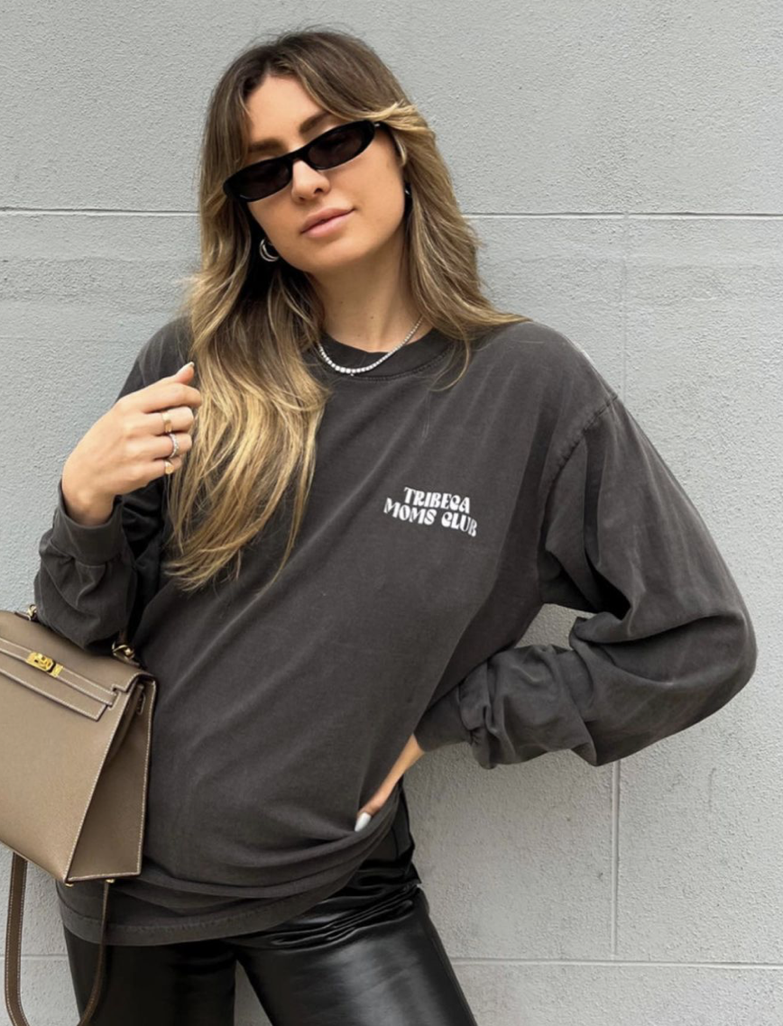 The Tribeca Moms Club chest print on a charcoal long sleeve