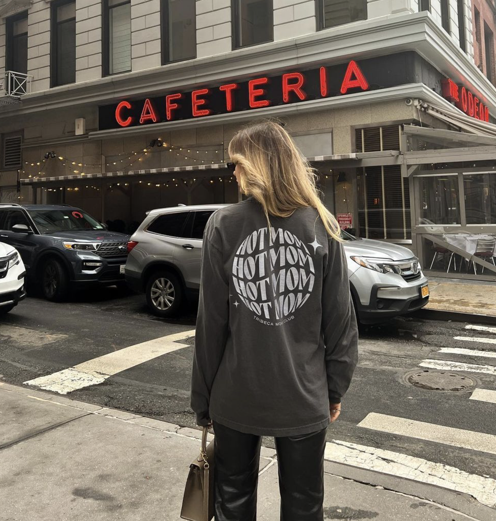 The Hot Mom circle long sleeve on a NYC crosswalk