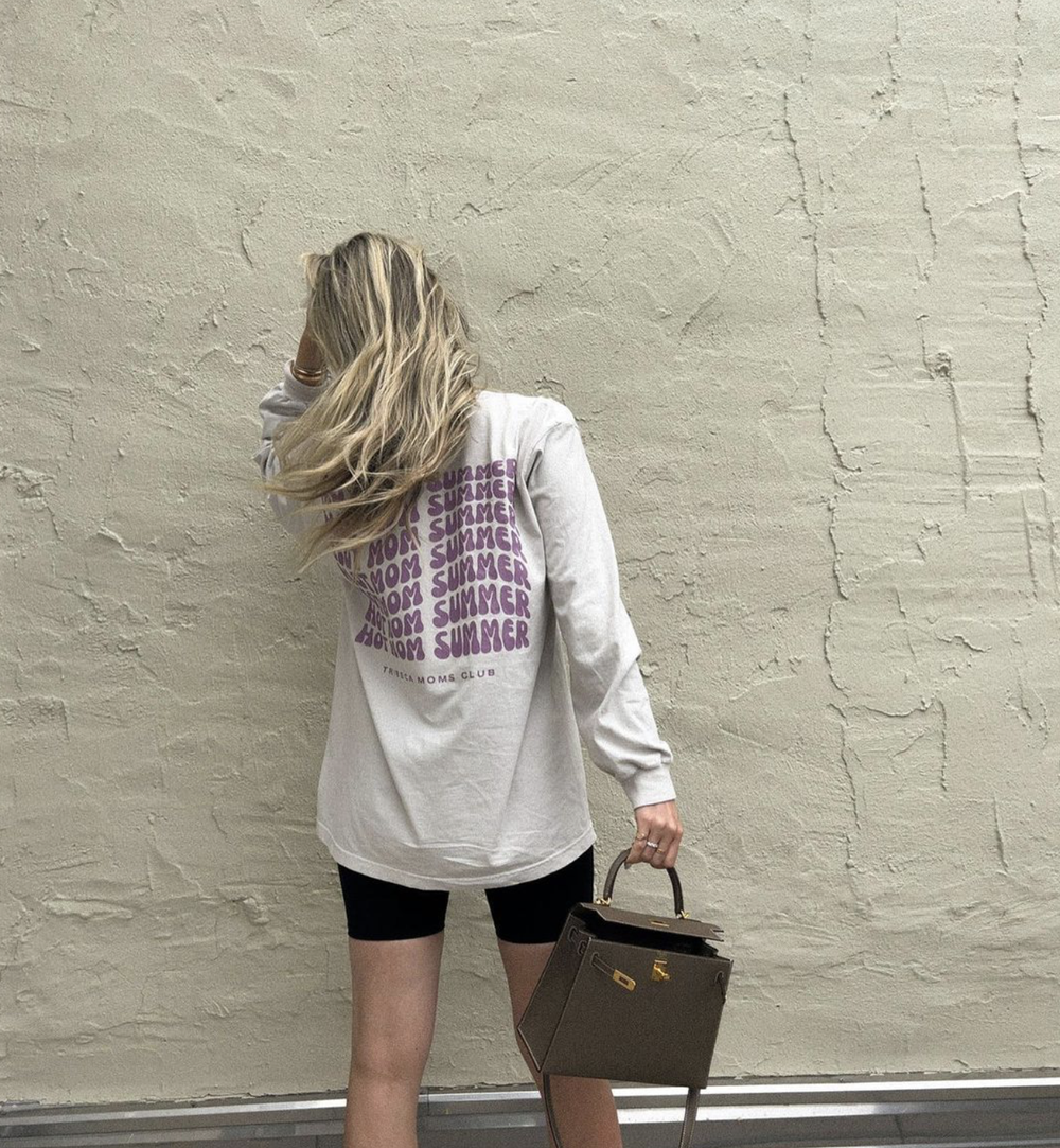 HOT MOM SUMMER stacked in purple on the back of a white long sleeve