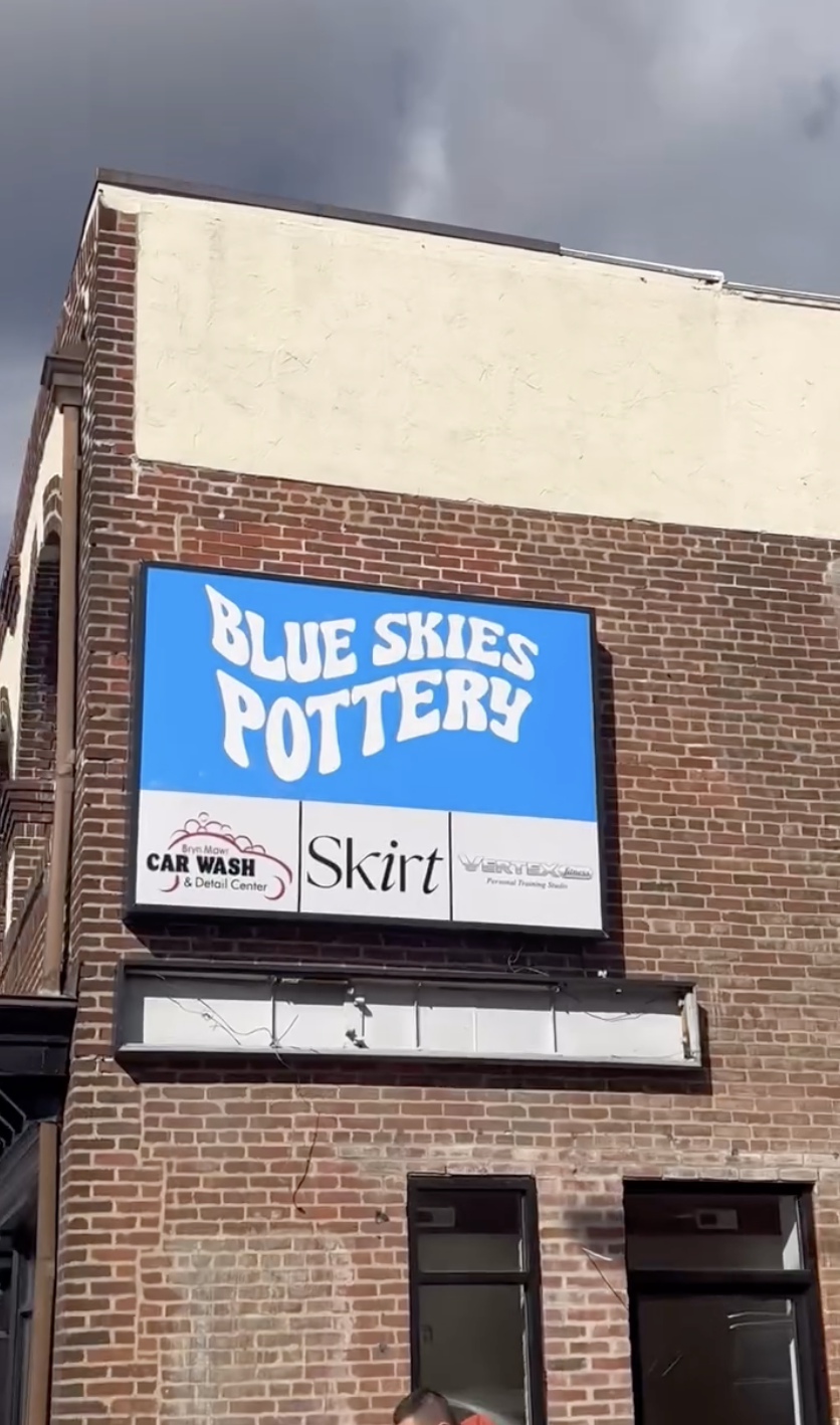 The Blue Skies Pottery sign on the Bryn Mawr building