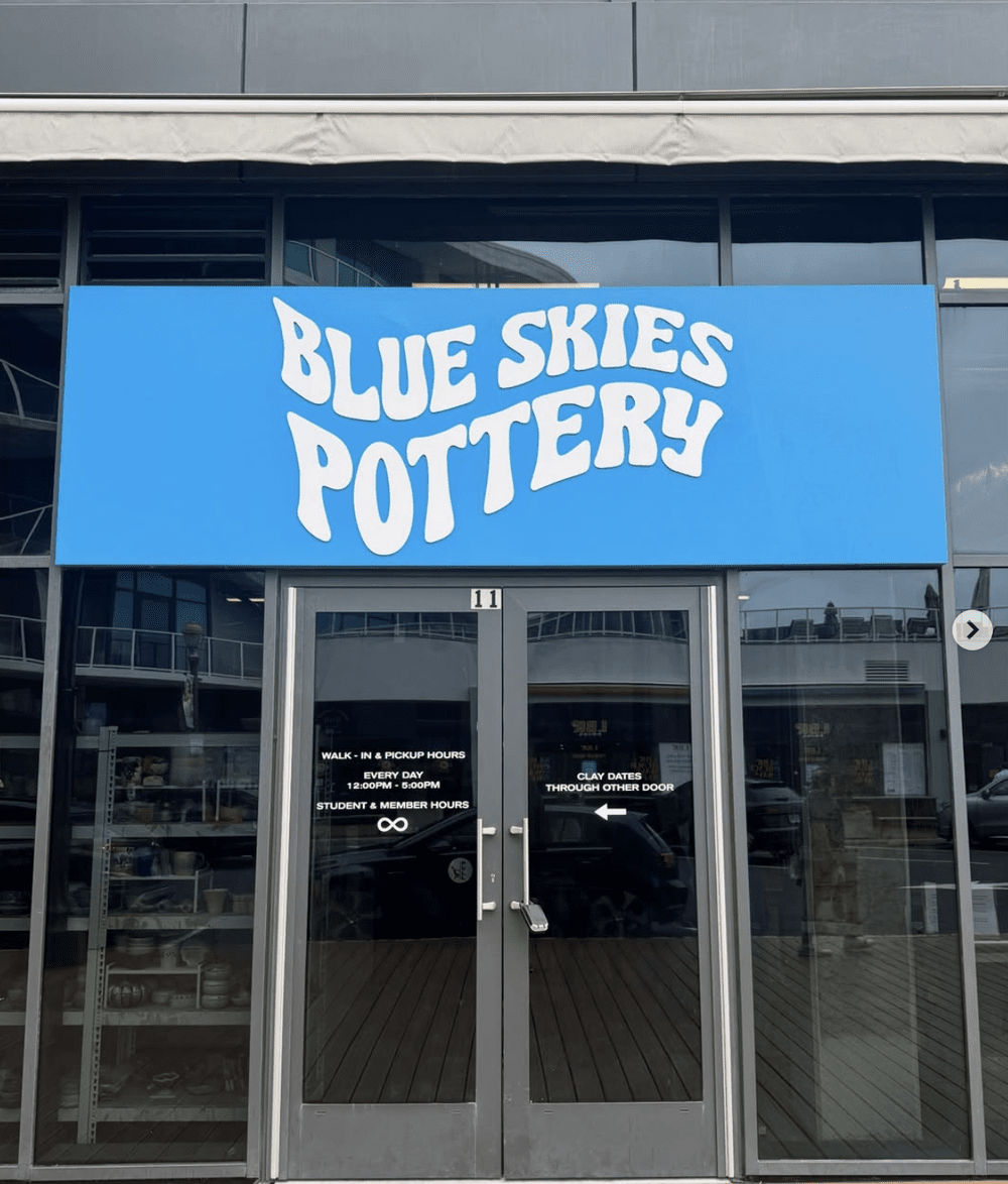 The final Blue Skies Pottery sign over the Long Branch studio