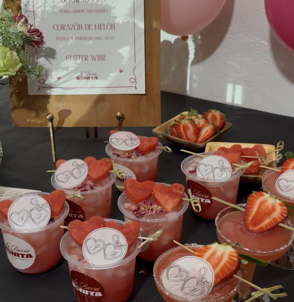 A Valentine's Day spread with heart sunglasses cup toppers