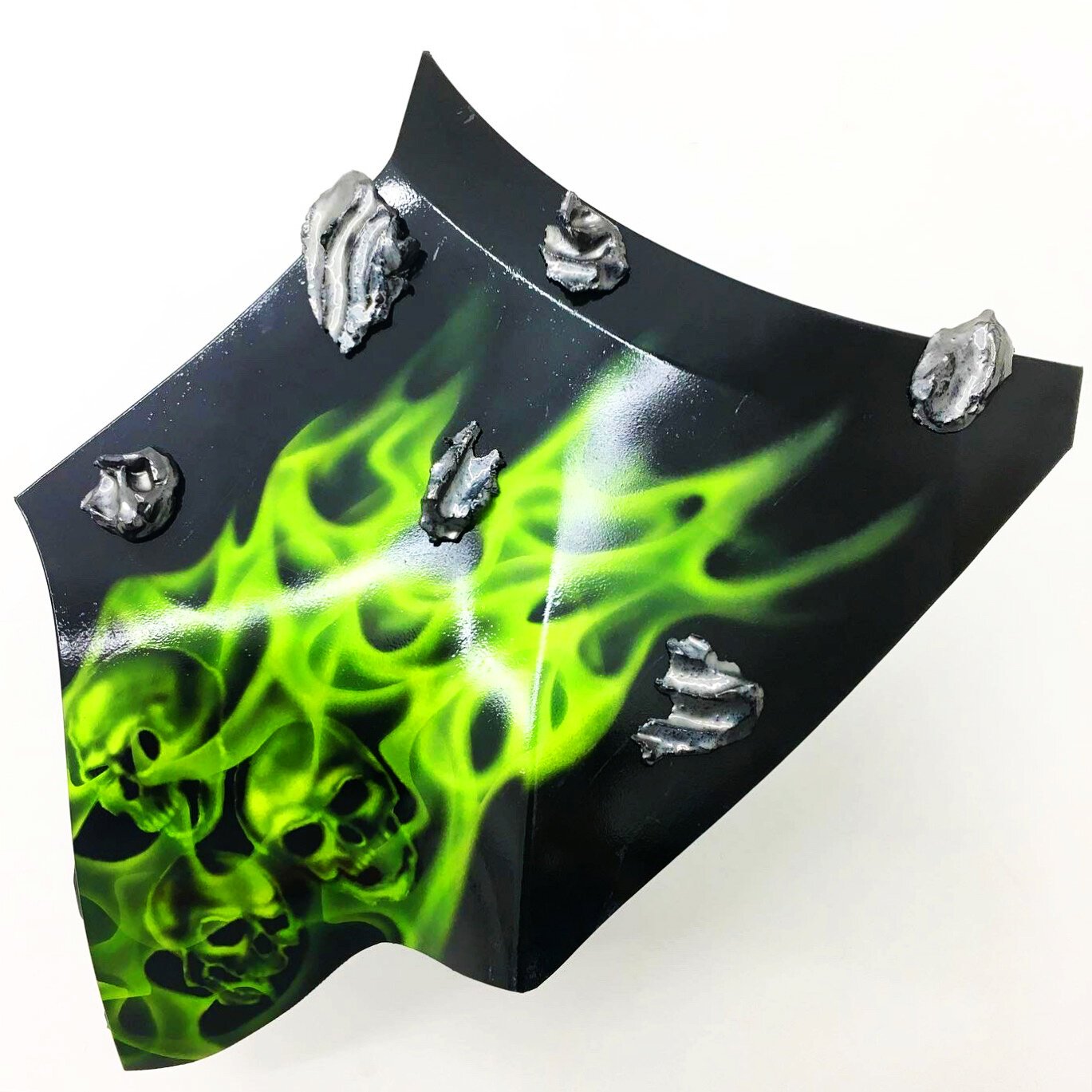 " I stay high (motherfucker)", 2020, airbrushed acrylic and glazed ceramic on polymer car bumper.