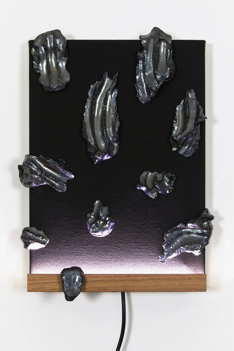 Sean Wadey - Titan #2,
Acrylic, glazed stoneware and 240V LED on linen. 30x43cm, 2019.