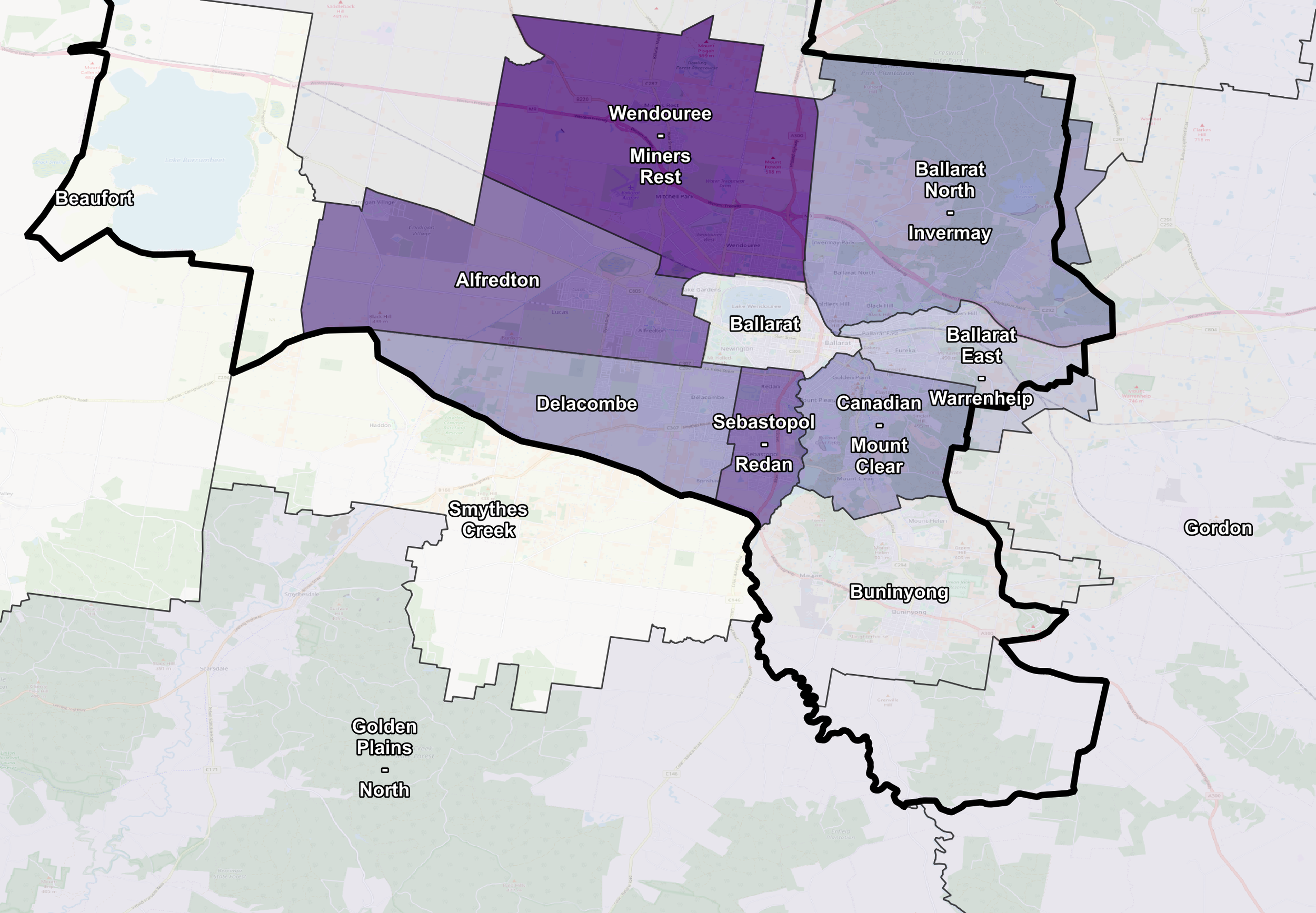 Map showing different regions with labels such as Wendouree - Miners Rest, Alfredton, Ballarat, Delacombe, Sebastopol, Redan, Mount Clear, Canadian Warrenheip, Buningyong, Golden Plains North, Smythes Creek, Beaufort, and Gorden. The regions are shaded in different shades of purple and outlined with black borders.