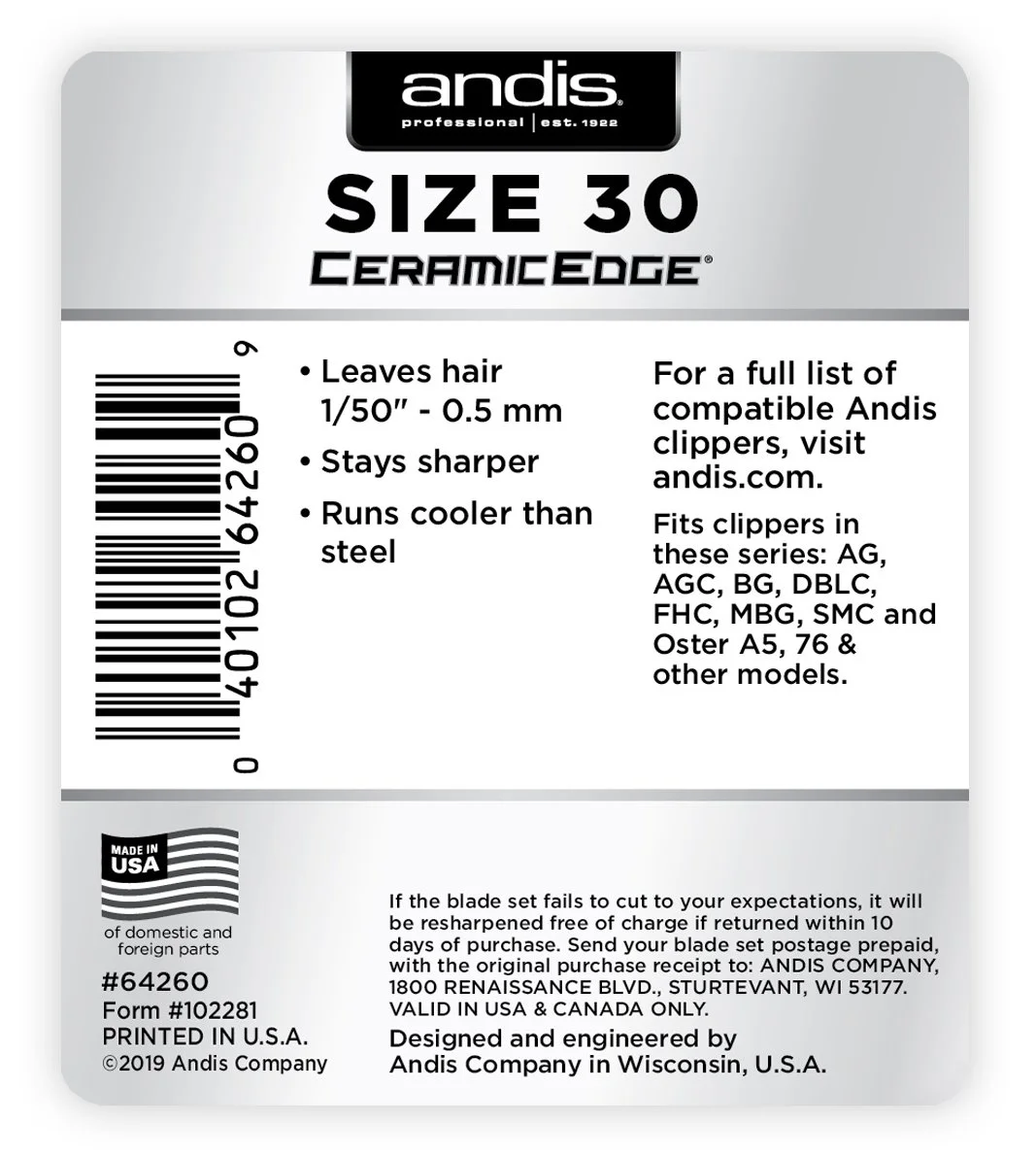 Andis CeramicEdge Pet Clipper Blade Size 30 - 1/50 Inch Cut For Dogs