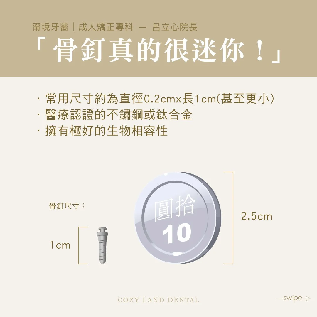 迷你骨釘尺寸比較說明圖｜直徑 0.2cm 比十元銅板還小，鈦合金醫療材質說明