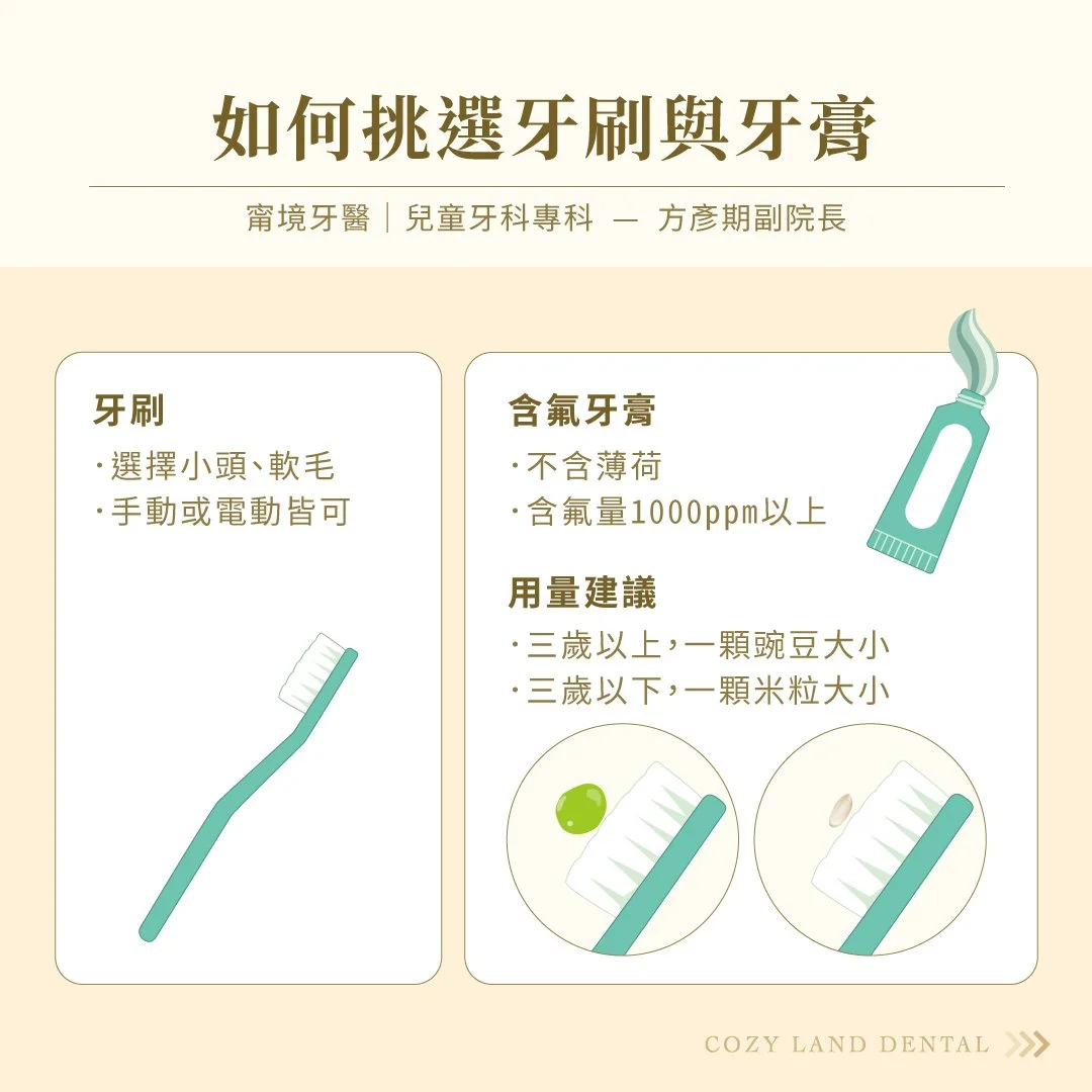 兒童牙刷牙膏挑選指南圖 3｜小頭軟毛牙刷、含氟 1000ppm 以上牙膏用量建議
