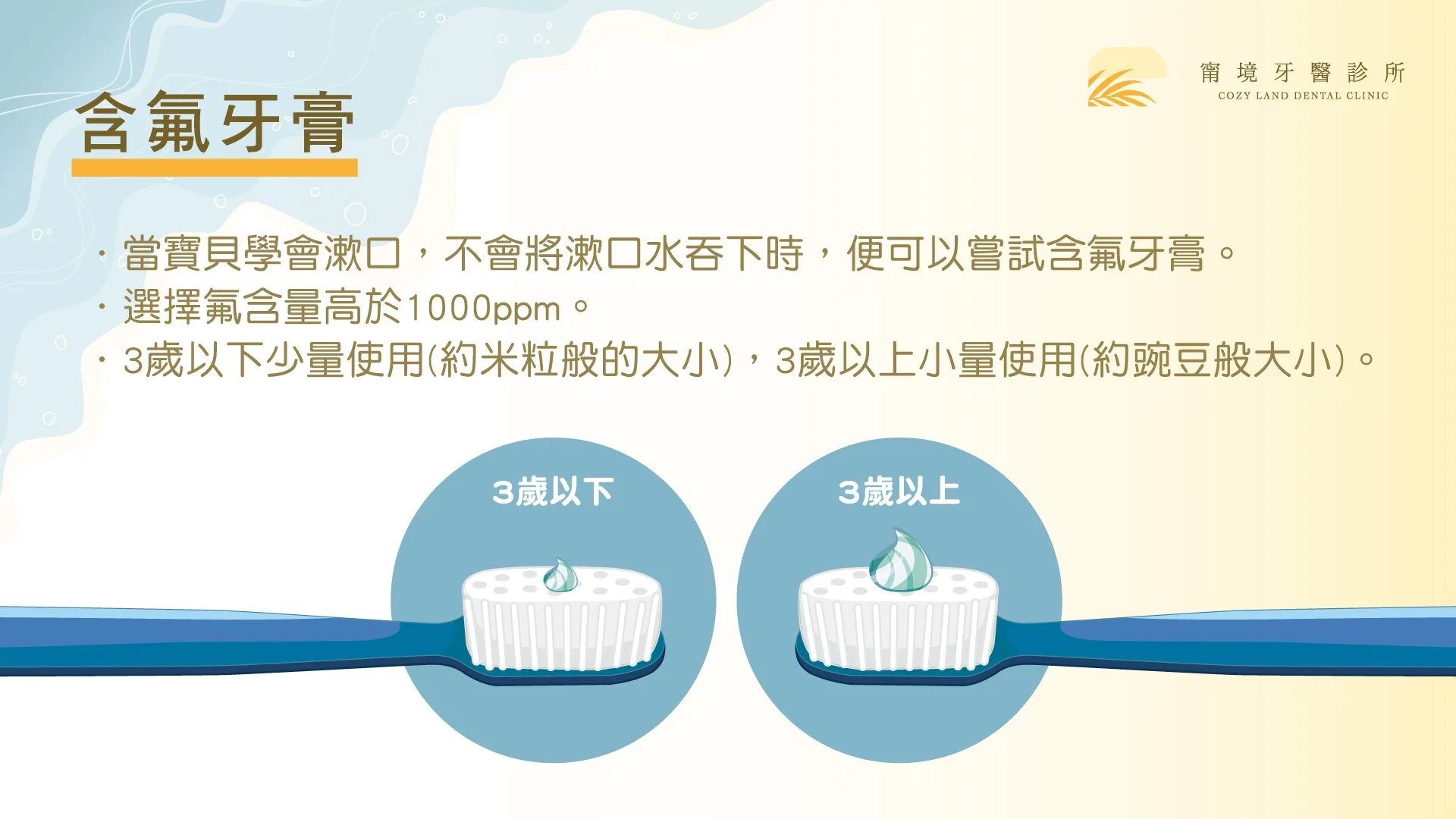 甯境牙醫溝隙封填衛教圖｜牙膏與兒童口腔保健工具說明
